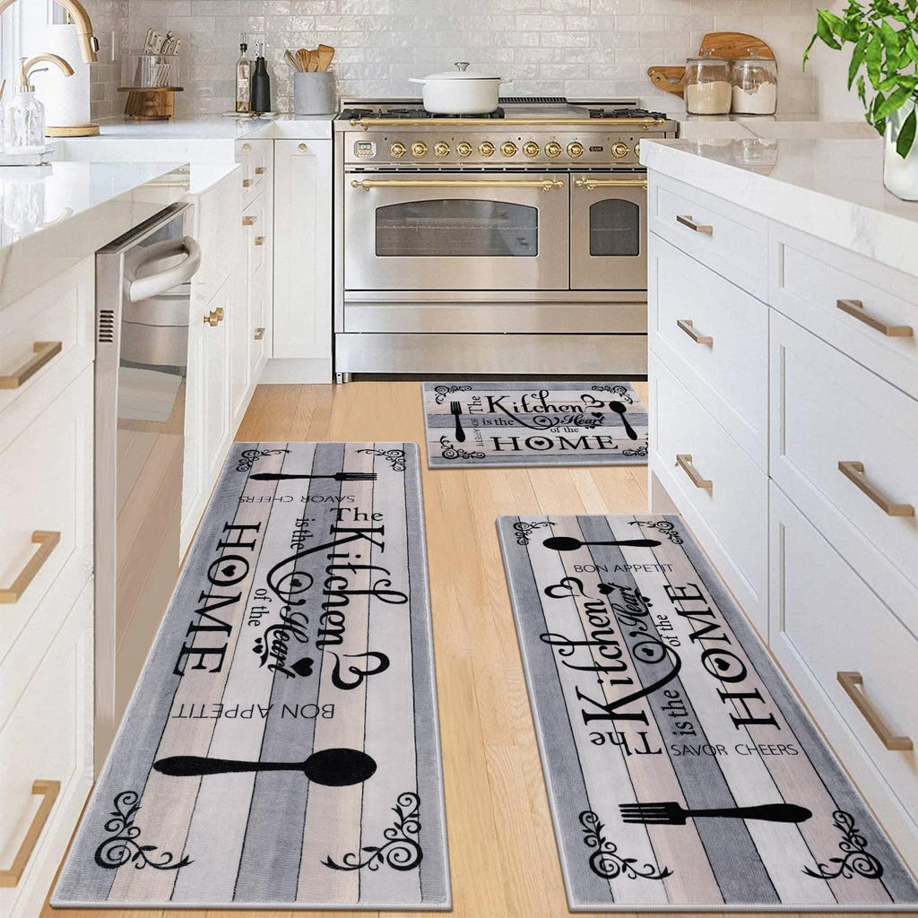 Vaukki Boho Kitchen Rug Sets 3 Pieces, Washable Kitchen Mats for Floor, Non Slip Soft Kitchen Area Rug Floor Mat for Kitchen, Laundry Room and Hallway (Grey and Beige, 20''x32''+20''x47''+20''x59'')