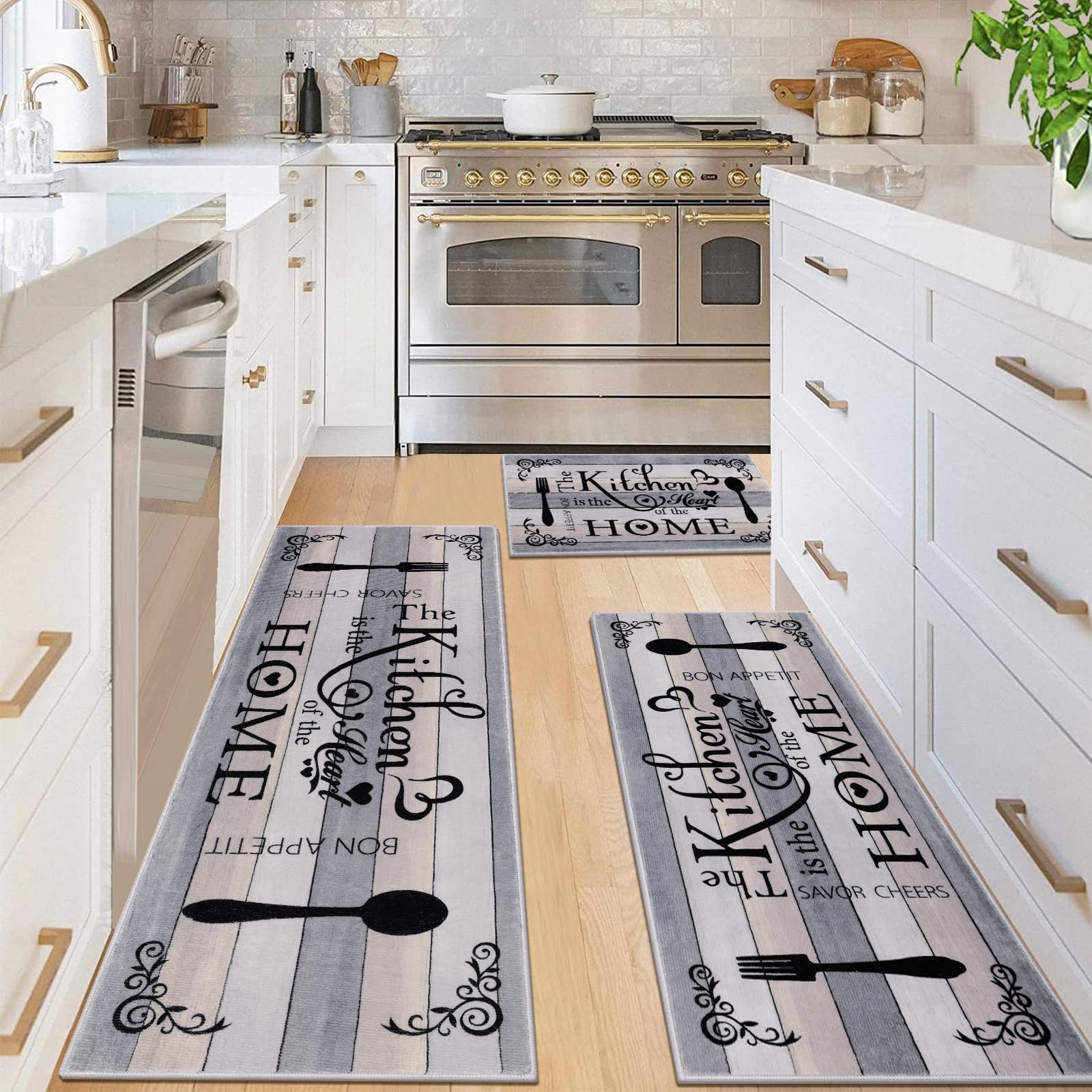 Vaukki Boho Kitchen Rug Sets 3 Pieces, Washable Kitchen Mats for Floor, Non Slip Soft Kitchen Area Rug Floor Mat for Kitchen, Laundry Room and Hallway (Grey and Beige, 20''x32''+20''x47''+20''x59'')