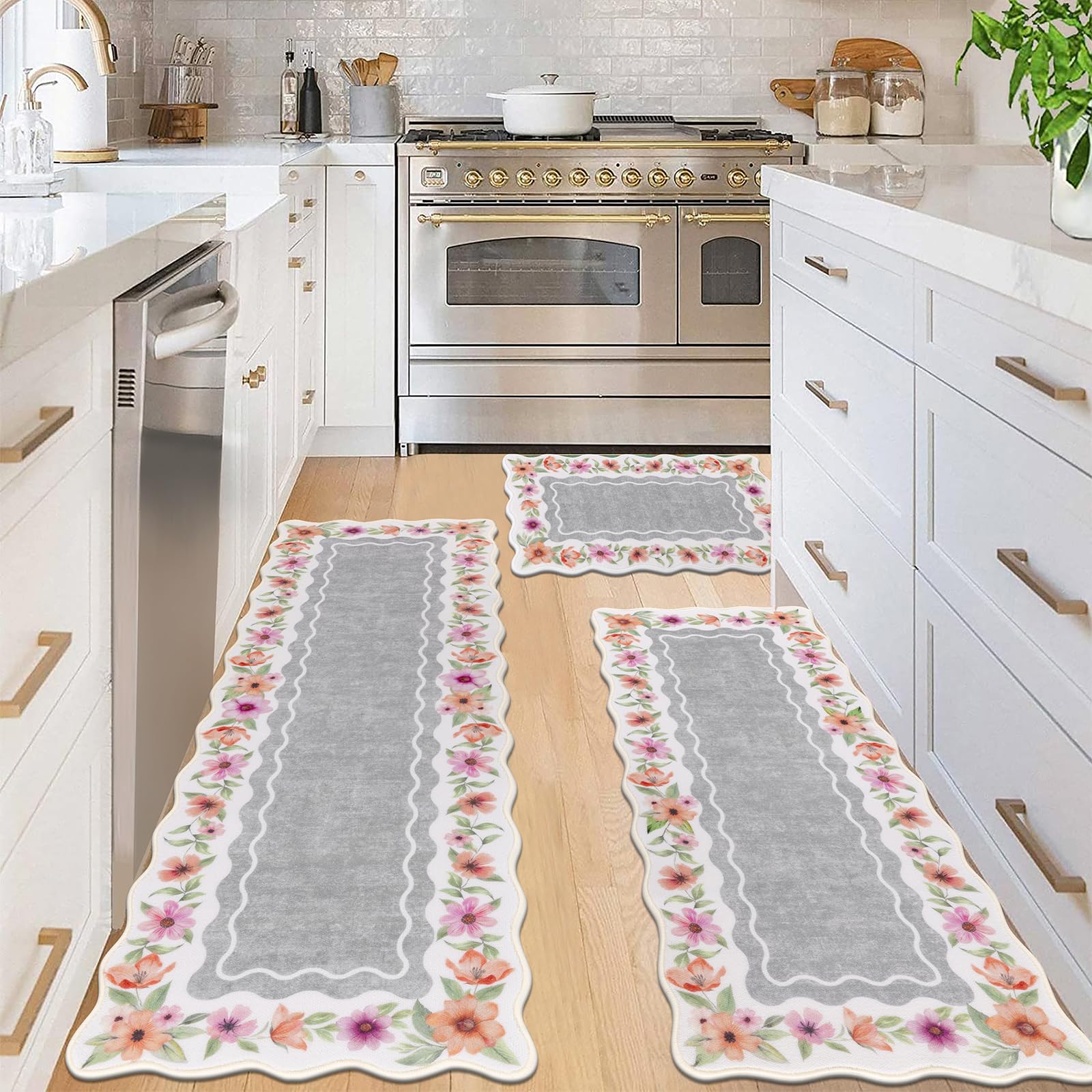 Vaukki Boho Kitchen Rug Sets 3 Pieces, Washable Kitchen Mats for Floor, Non Slip Soft Kitchen Area Rug Floor Mat for Kitchen, Laundry Room and Hallway (Grey and Beige, 20''x32''+20''x47''+20''x59'')
