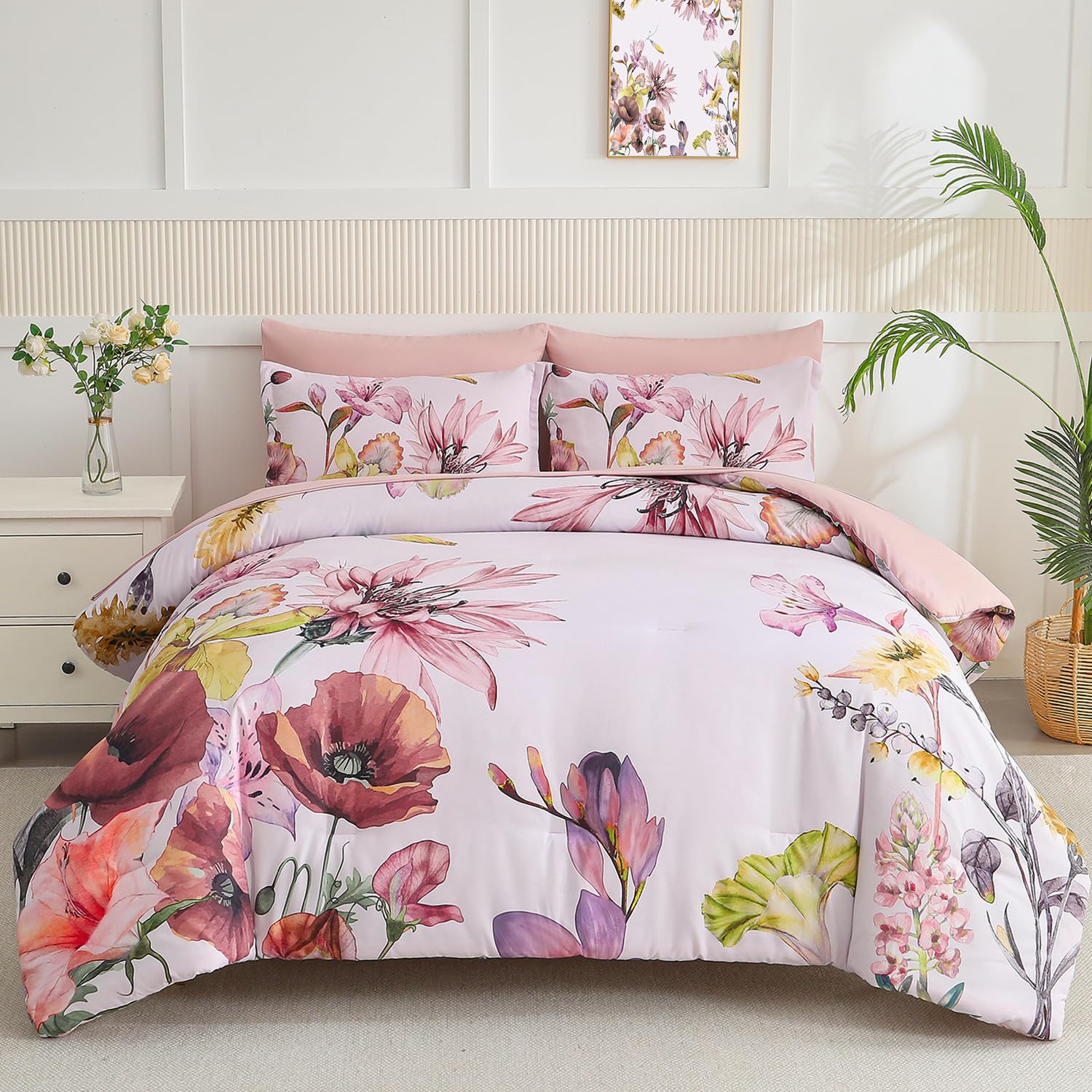 Yogeneg 7 Piece Bed in a Bag King Size Comforter Set Black Bedding Set,Gold Butterfly Leaves Printed on Black Reversible Design,Soft Microfiber Comforter with Sheet Set,All Season(Butterfly,King)