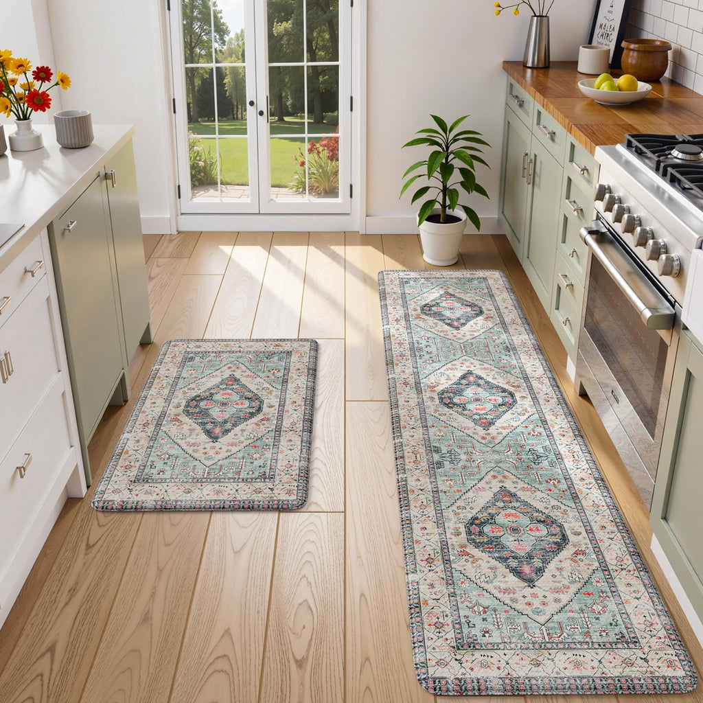 KIMODE Kitchen Mats 2PCS,Cushioned Anti Fatigue Kitchen Rugs and Mats,Non Skid Waterproof Kitchen Mats for Floor,Comfort Foam Standing Mat for Home Decor, Office,Sink,Laundry Room,Desk,Black and White