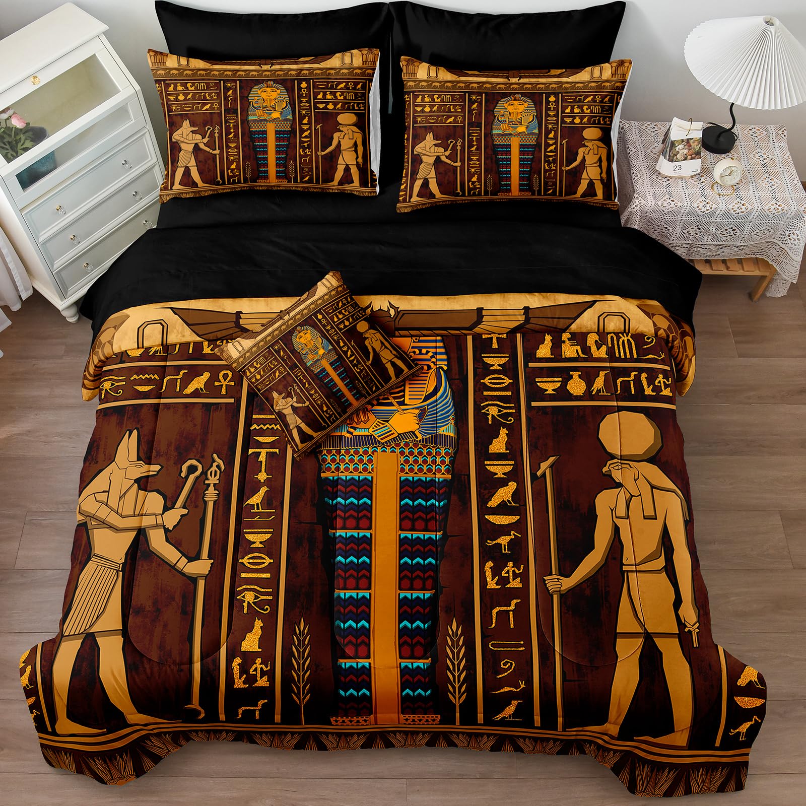 Ancient Egypt Comforter Set Black Gold Bedding Set Pharaoh Tribal Retro Comforter Egypt Cultural Theme Bedroom Decor Boho Exotic Vintage Bedding King Bed in A Bag