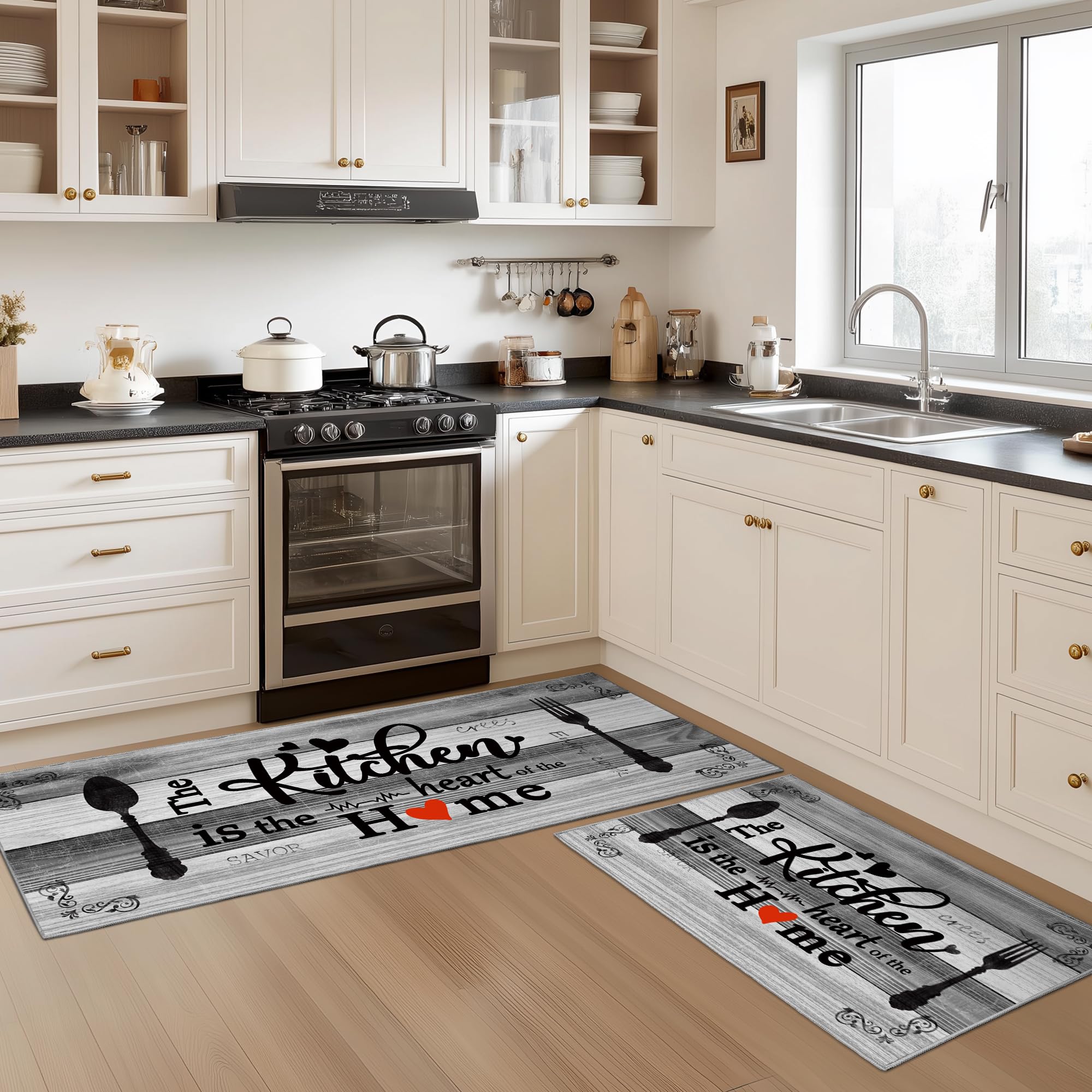 Tritard 100% Non Slip Kitchen Mats for Floor Washable Kitchen Rugs Sets of 3 Farmhouse Kitchen Runner Rug Soft Rustic Kitchen Floor Carpet for Hallway, Laundry, Sink, Office, Brown