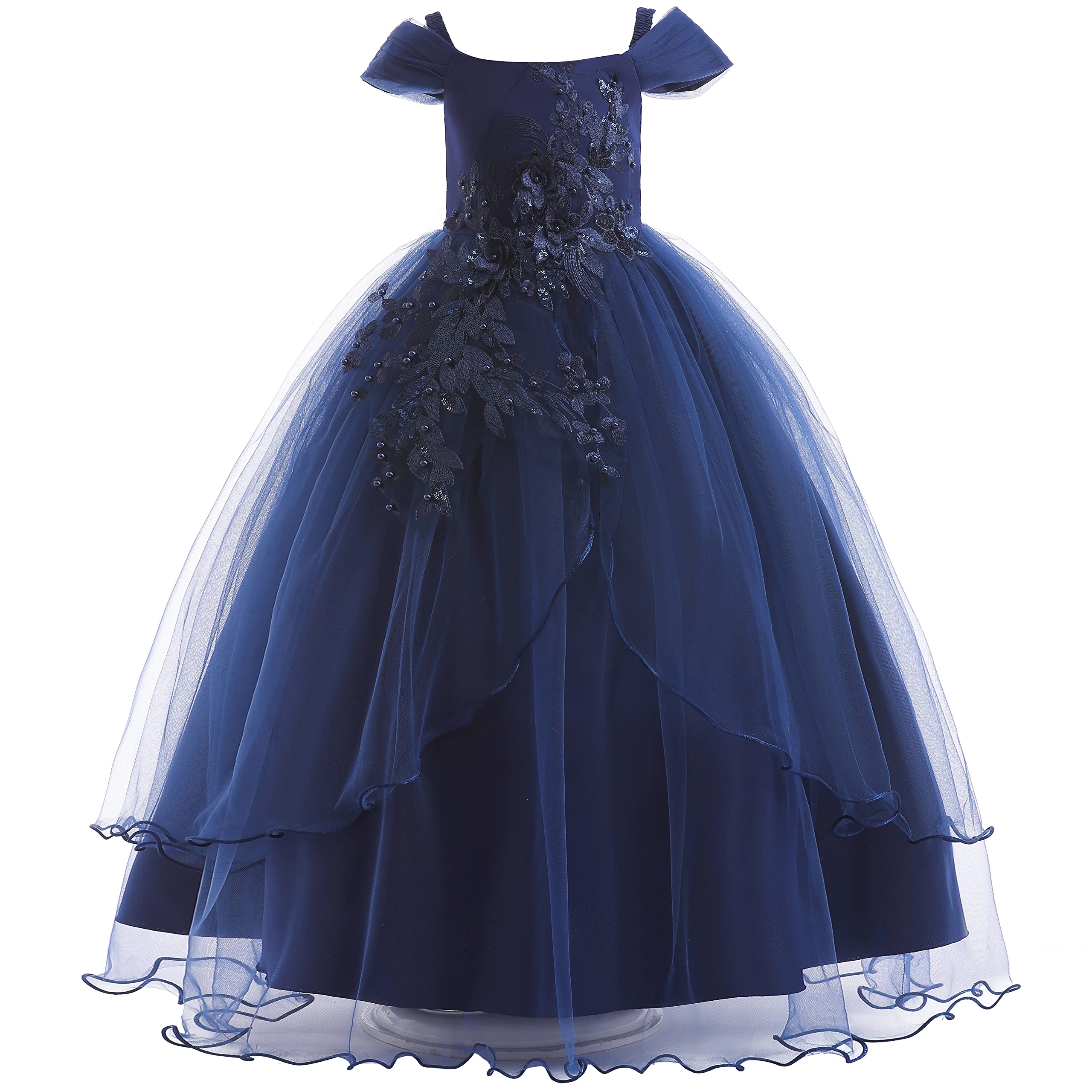 Weileenice Vintage Off the Shoulder Flower Girl Dress Lace Embroidery Little/Big Girls Wedding Bridesmaid Holiday Ballgown