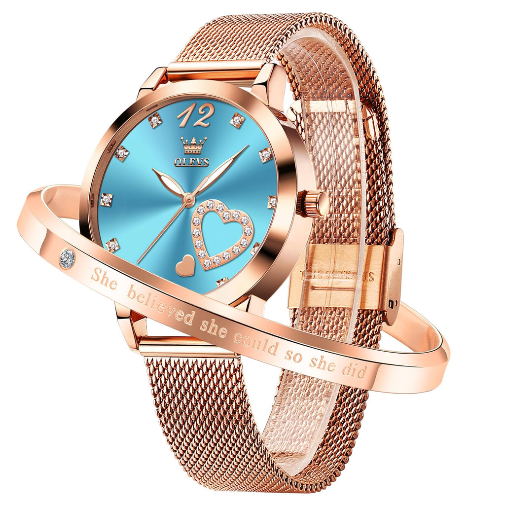 OLEVS Rose Gold Watch for Women Mesh Strap Fashion Dress Hearts Japanese Quartz Waterproof Luminous Ladies Watches Bracelet Sets