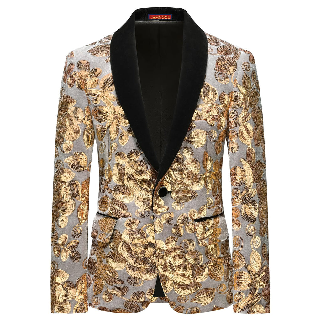Lamgool Boys Tuxedo Suit Slim Fit Formal Set 2 Pieces with Floral Jacquard Sequin Blazer Black Pants for Kids Prom Wedding