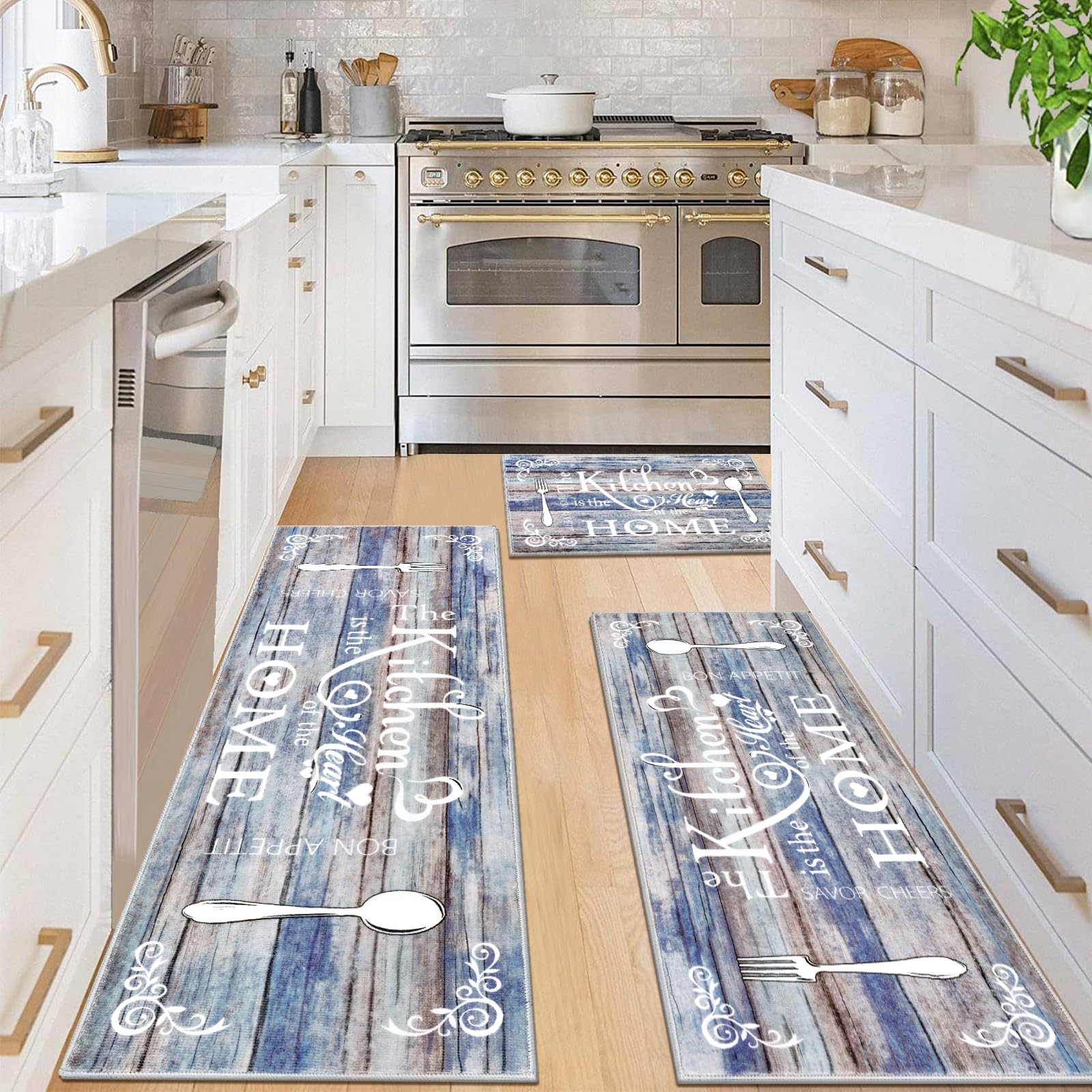 Vaukki Boho Kitchen Rug Sets 3 Pieces, Washable Kitchen Mats for Floor, Non Slip Soft Kitchen Area Rug Floor Mat for Kitchen, Laundry Room and Hallway (Grey and Beige, 20''x32''+20''x47''+20''x59'')
