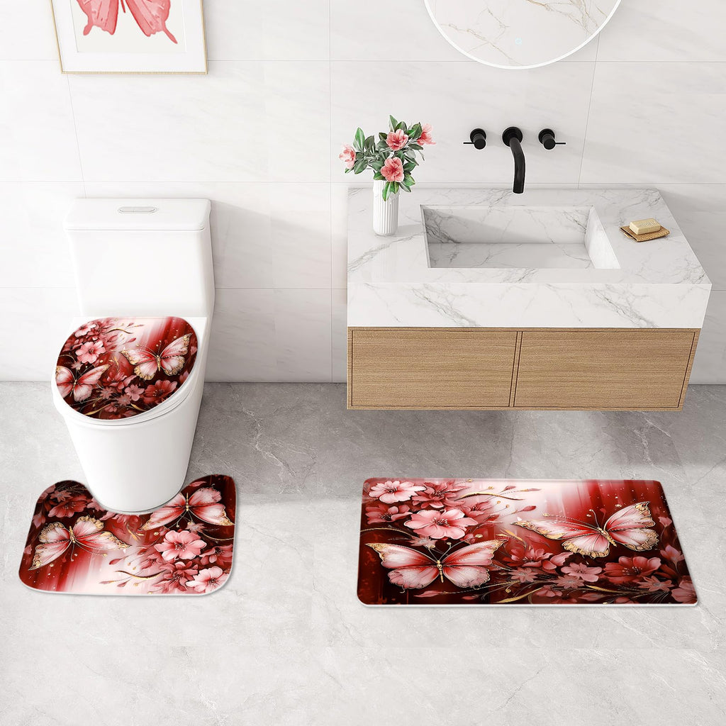 Litabel 4 Pcs Black Floral Butterfly Shower Curtain Set with Non-Slip Rugs, White Gold Modern Toilet Lid Cover and Bath Mat, Elegant Bathroom Decor Set (Hooks Not Included)