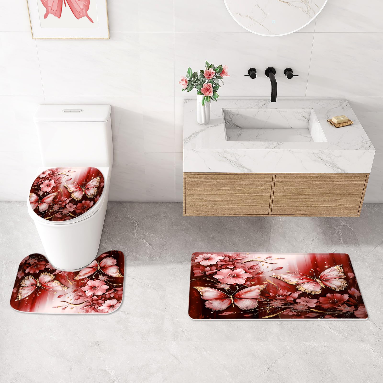 Litabel 4 Pcs Black Floral Butterfly Shower Curtain Set with Non-Slip Rugs, White Gold Modern Toilet Lid Cover and Bath Mat, Elegant Bathroom Decor Set (Hooks Not Included)