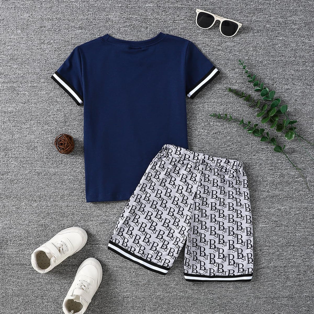 Kids Tween Boy Casual Clothing Set Letter Graphic Colorblock Tee +Shorts Summer Clothing Set 4-14 Years