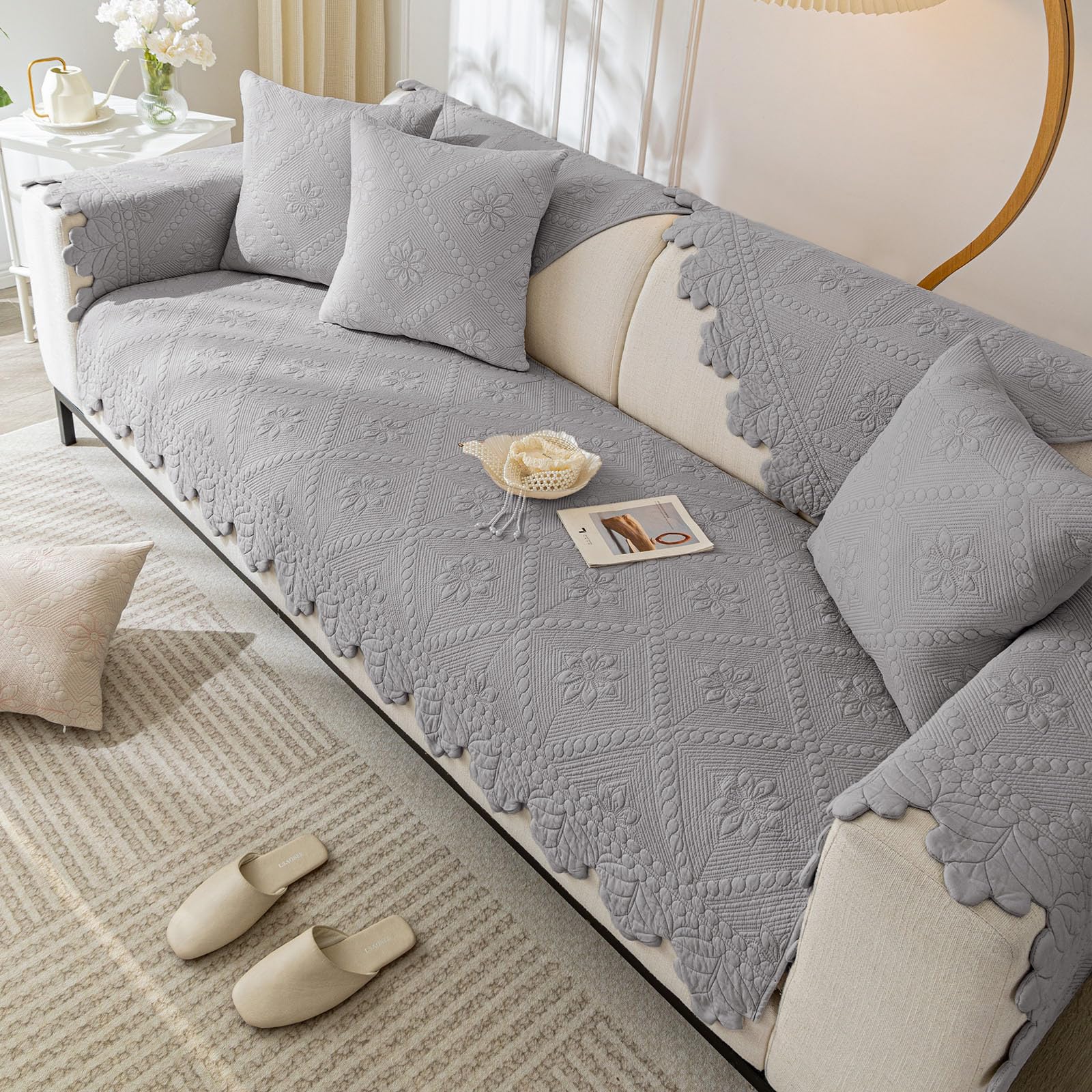 Cotton Quilted Dog Couch Cover for Sofa Farmhouse Rustic Embroidery Sectional Couch Cover Soft Anti-Slip Sofa Slipcover Furniture Protector for Kids, Pets (Khaki,36"x36")