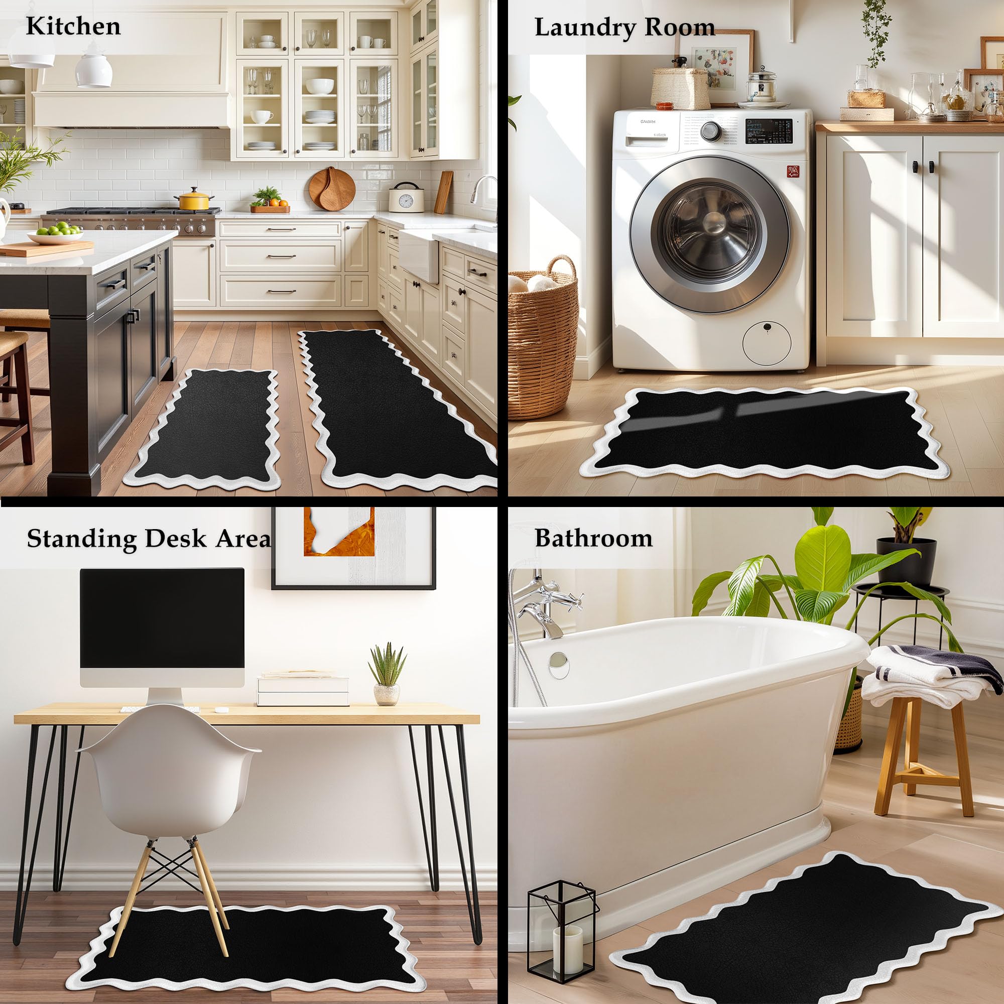 Arenarug Upgrade Scalloped Embossed Kitchen Mats for Floor 2PCS Cushioned Anti Fatigue Waterproof Foam Kitchen Rugs Non Slip Washable Comfort Standing Mat for Office Sink Laundry, Black