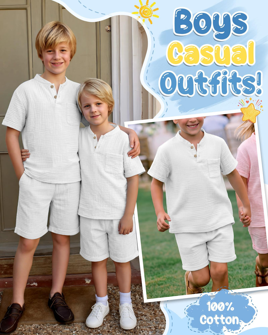 Boys 2 Piece Cotton Outfits 5-14Y Short Sleeve Button Down Shirt Shorts Pockets Summer Clothes Henley Casual Set