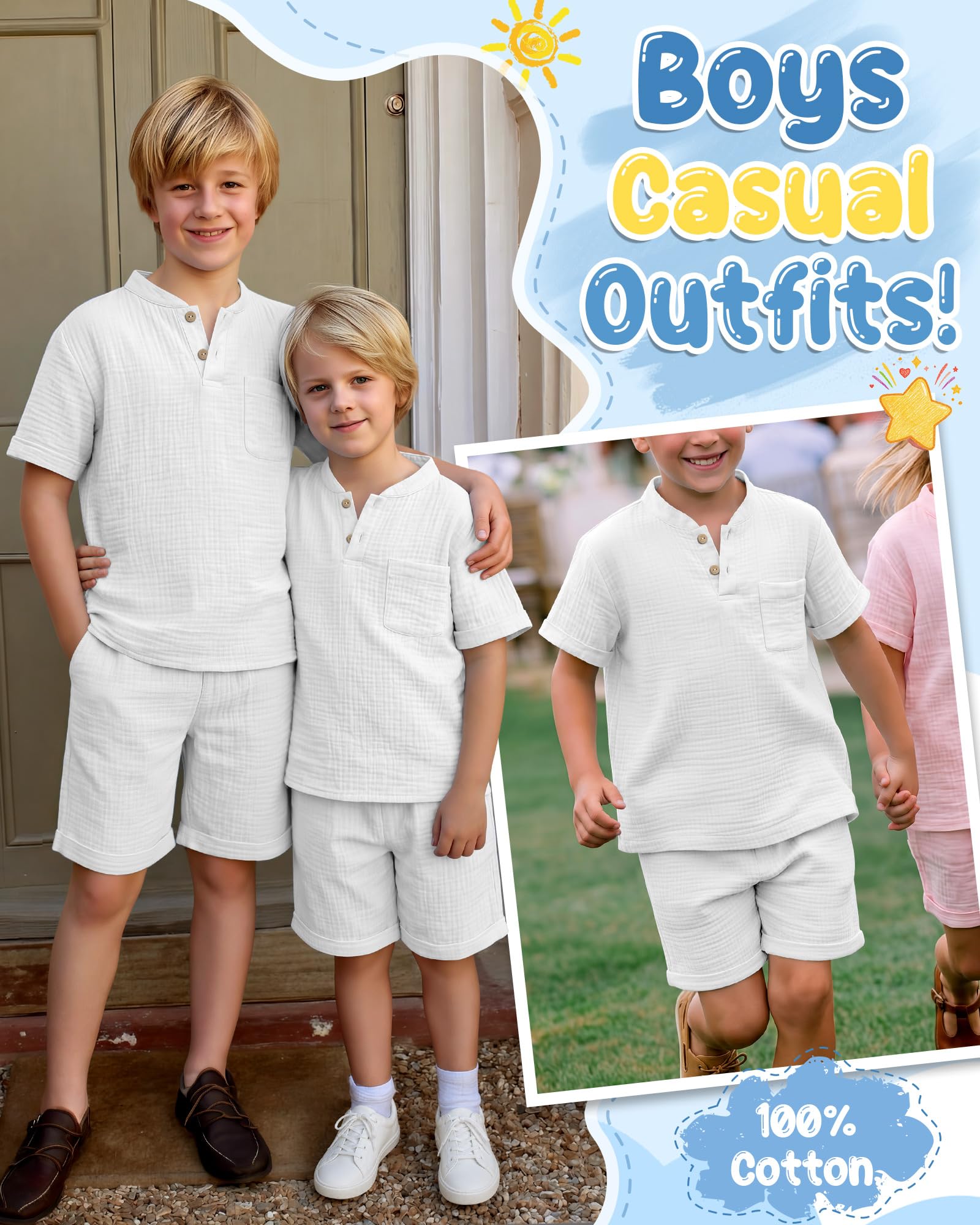 Boys 2 Piece Cotton Outfits 5-14Y Short Sleeve Button Down Shirt Shorts Pockets Summer Clothes Henley Casual Set