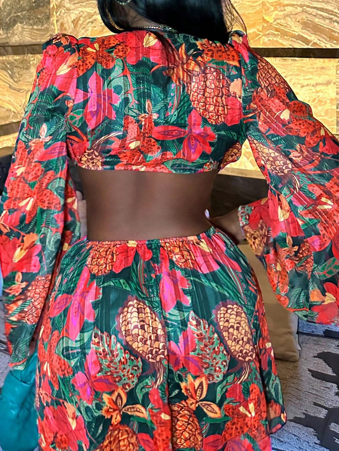 BEAUDRM Women's Tropical Dresses Summer Dress Vacation Beach Sundresses Sexy Long Bell Sleeve Two Piece Vacation Outfits