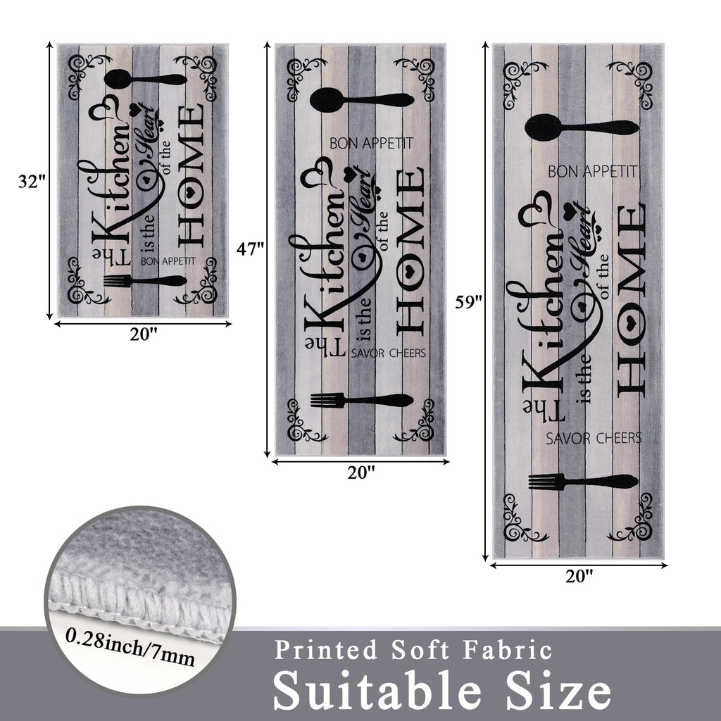 Vaukki Boho Kitchen Rug Sets 3 Pieces, Washable Kitchen Mats for Floor, Non Slip Soft Kitchen Area Rug Floor Mat for Kitchen, Laundry Room and Hallway (Grey and Beige, 20''x32''+20''x47''+20''x59'')