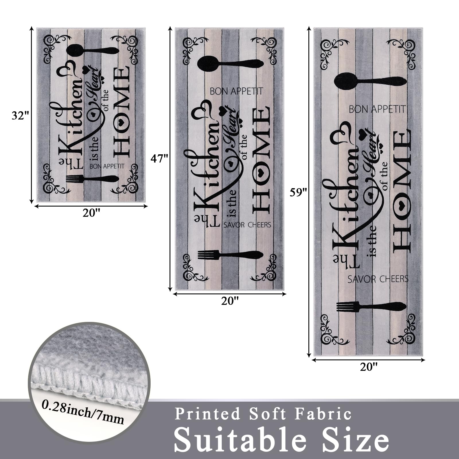 Vaukki Boho Kitchen Rug Sets 3 Pieces, Washable Kitchen Mats for Floor, Non Slip Soft Kitchen Area Rug Floor Mat for Kitchen, Laundry Room and Hallway (Grey and Beige, 20''x32''+20''x47''+20''x59'')