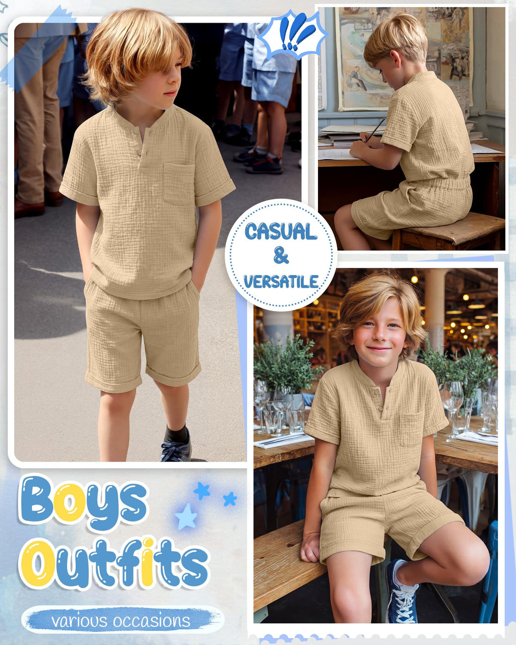 Boys 2 Piece Cotton Outfits 5-14Y Short Sleeve Button Down Shirt Shorts Pockets Summer Clothes Henley Casual Set