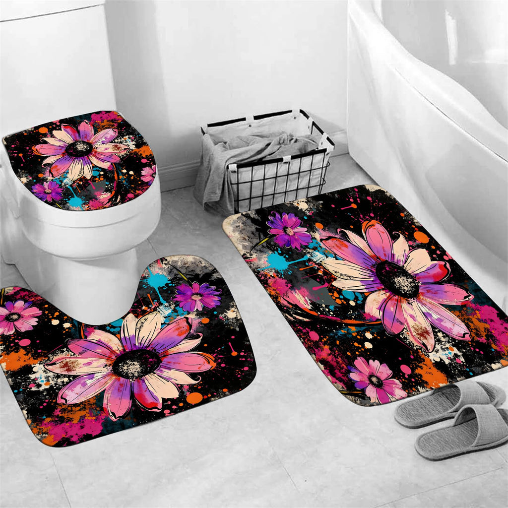 AZHM 4PCS Lotus Shower Curtain Set Black and Gold Flower Bathroom Decor Sets with Shower Curtain and Rugs and Accessories with 12 Hooks for Toilet
