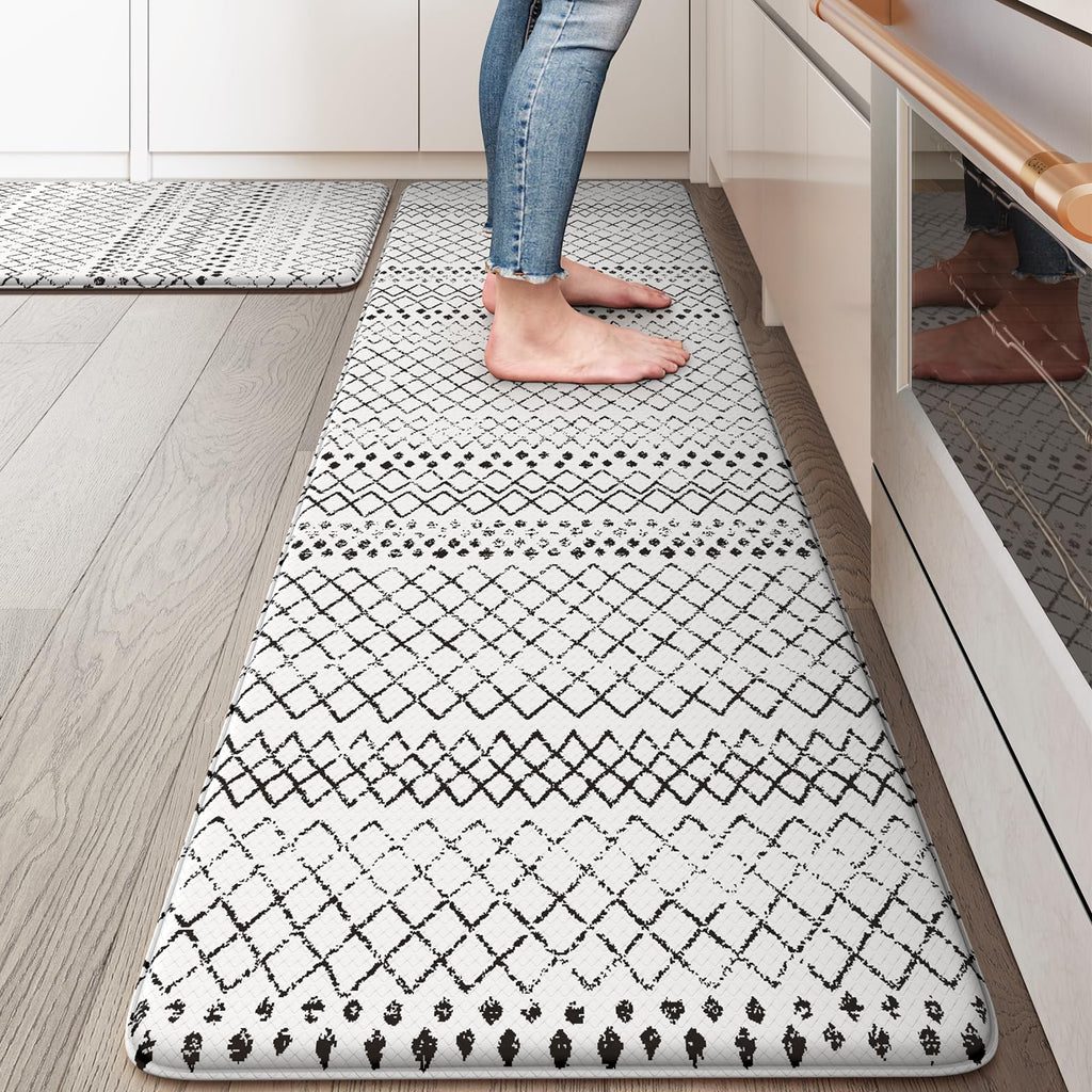 KIMODE Kitchen Mats 2PCS,Cushioned Anti Fatigue Kitchen Rugs and Mats,Non Skid Waterproof Kitchen Mats for Floor,Comfort Foam Standing Mat for Home Decor, Office,Sink,Laundry Room,Desk,Black and White