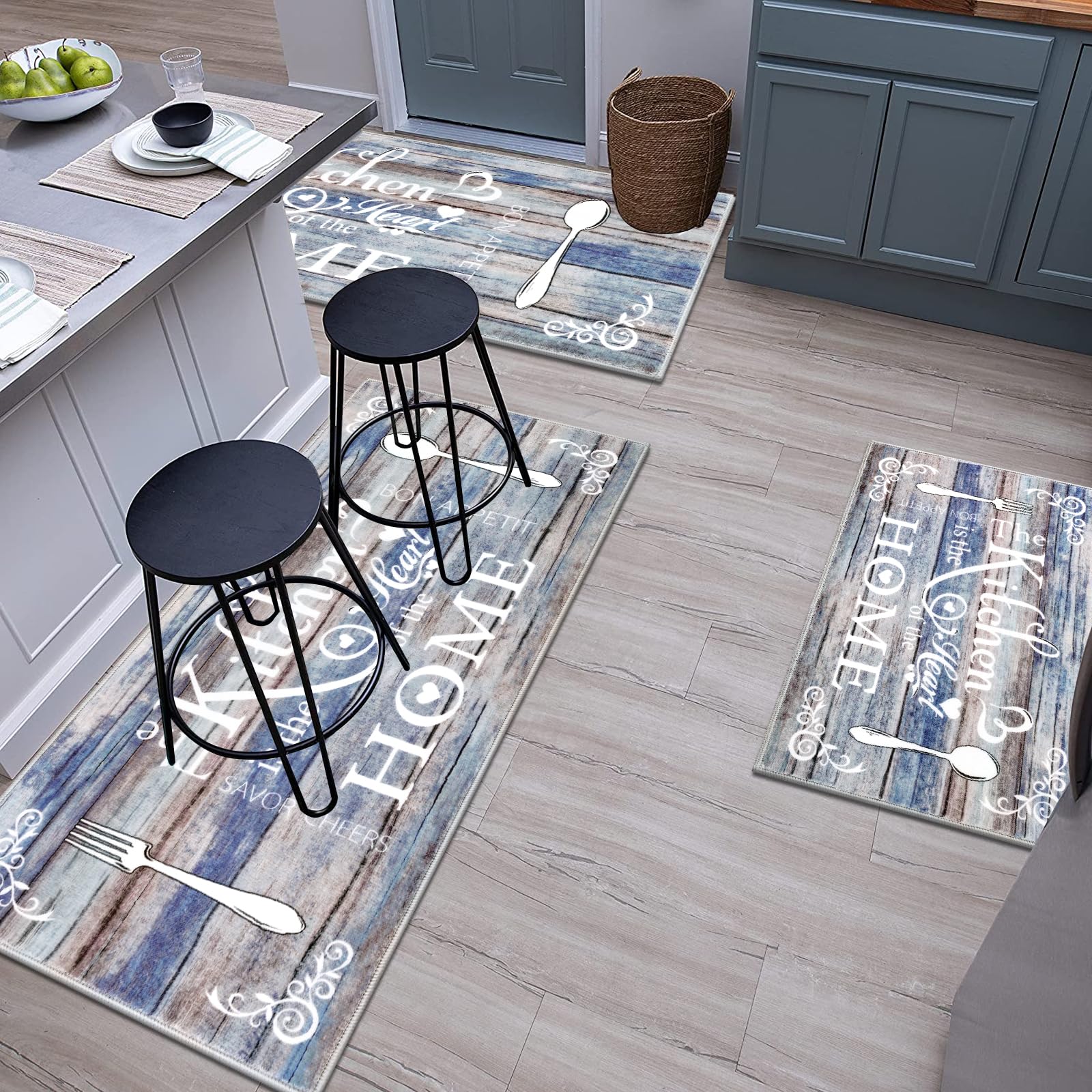 Vaukki Boho Kitchen Rug Sets 3 Pieces, Washable Kitchen Mats for Floor, Non Slip Soft Kitchen Area Rug Floor Mat for Kitchen, Laundry Room and Hallway (Grey and Beige, 20''x32''+20''x47''+20''x59'')