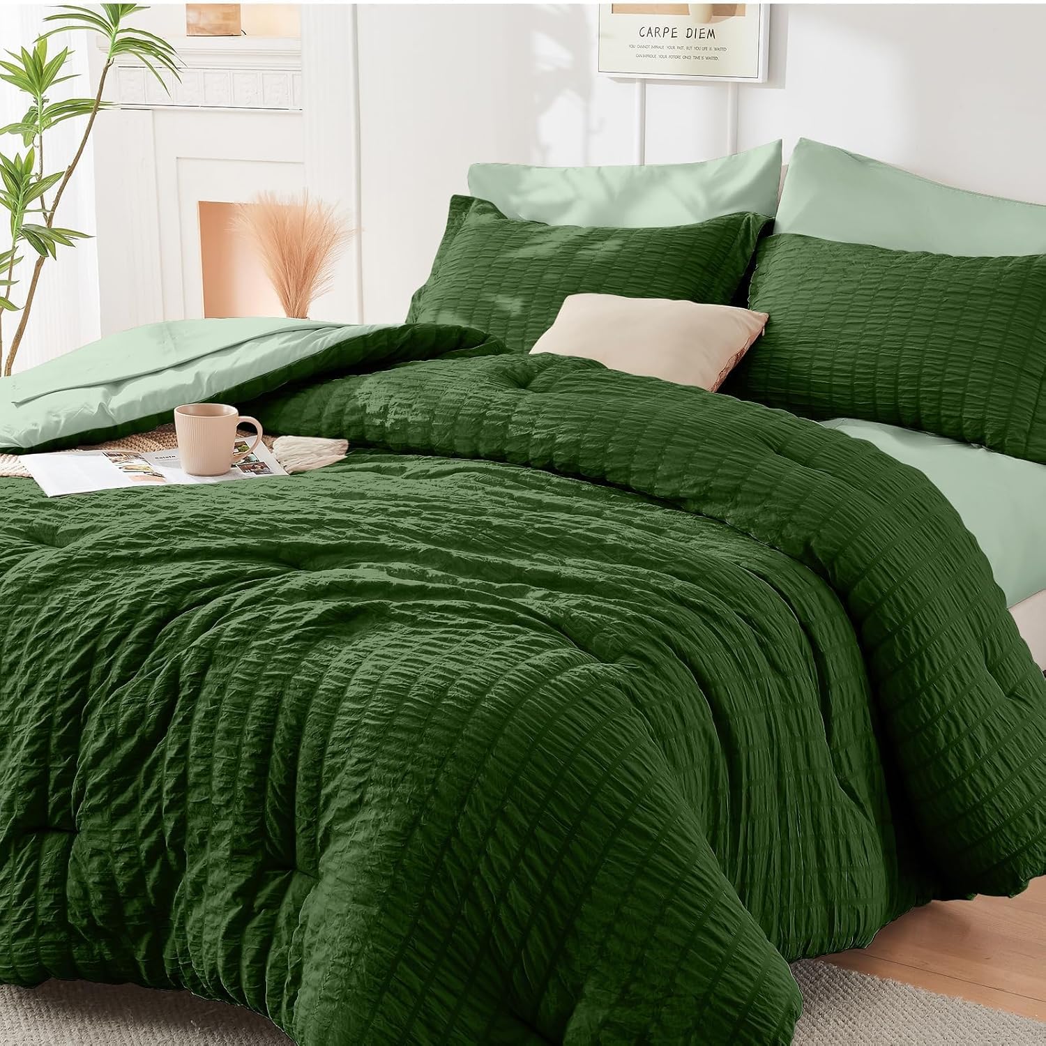 HYMOKEGE 7 Piece King Size Comforter Set Seersucker, All Season Luxury Bed in a Bag for Bedroom, Bedding Set with Comforters, Sheets, Pillowcases & Shams, Dark Grey