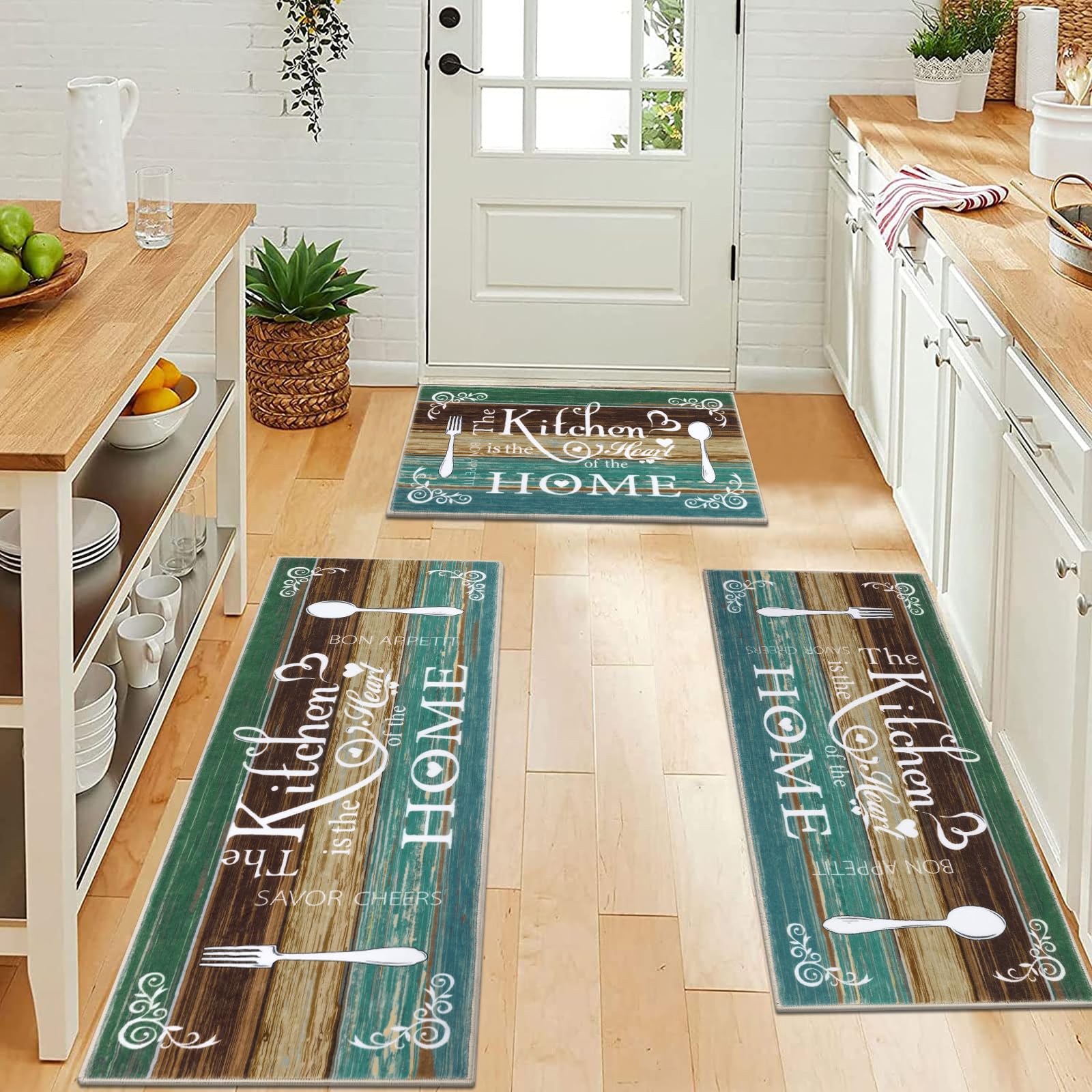 Vaukki Boho Kitchen Rug Sets 3 Pieces, Washable Kitchen Mats for Floor, Non Slip Soft Kitchen Area Rug Floor Mat for Kitchen, Laundry Room and Hallway (Grey and Beige, 20''x32''+20''x47''+20''x59'')