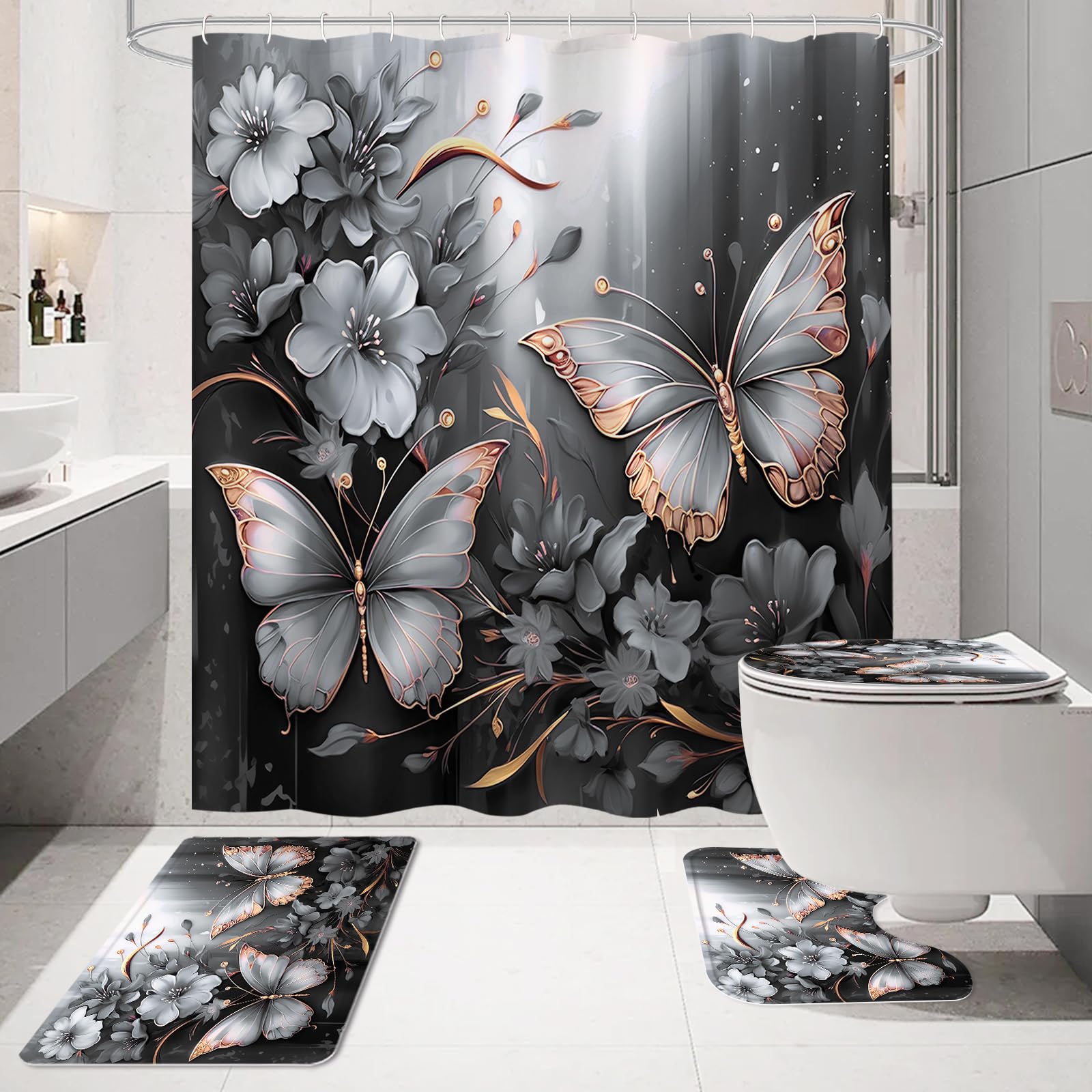 Litabel 4 Pcs Black Floral Butterfly Shower Curtain Set with Non-Slip Rugs, White Gold Modern Toilet Lid Cover and Bath Mat, Elegant Bathroom Decor Set (Hooks Not Included)