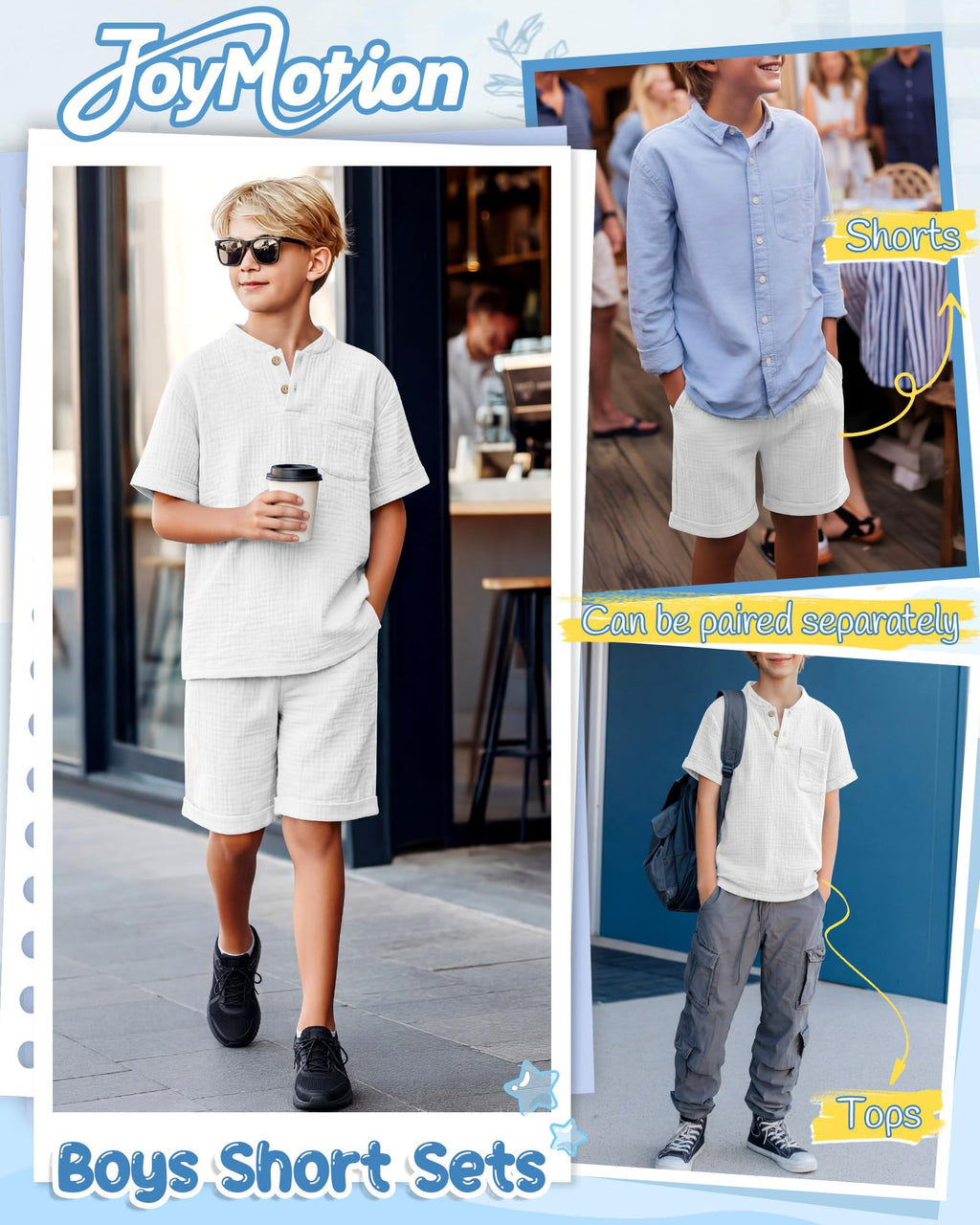 Boys 2 Piece Cotton Outfits 5-14Y Short Sleeve Button Down Shirt Shorts Pockets Summer Clothes Henley Casual Set