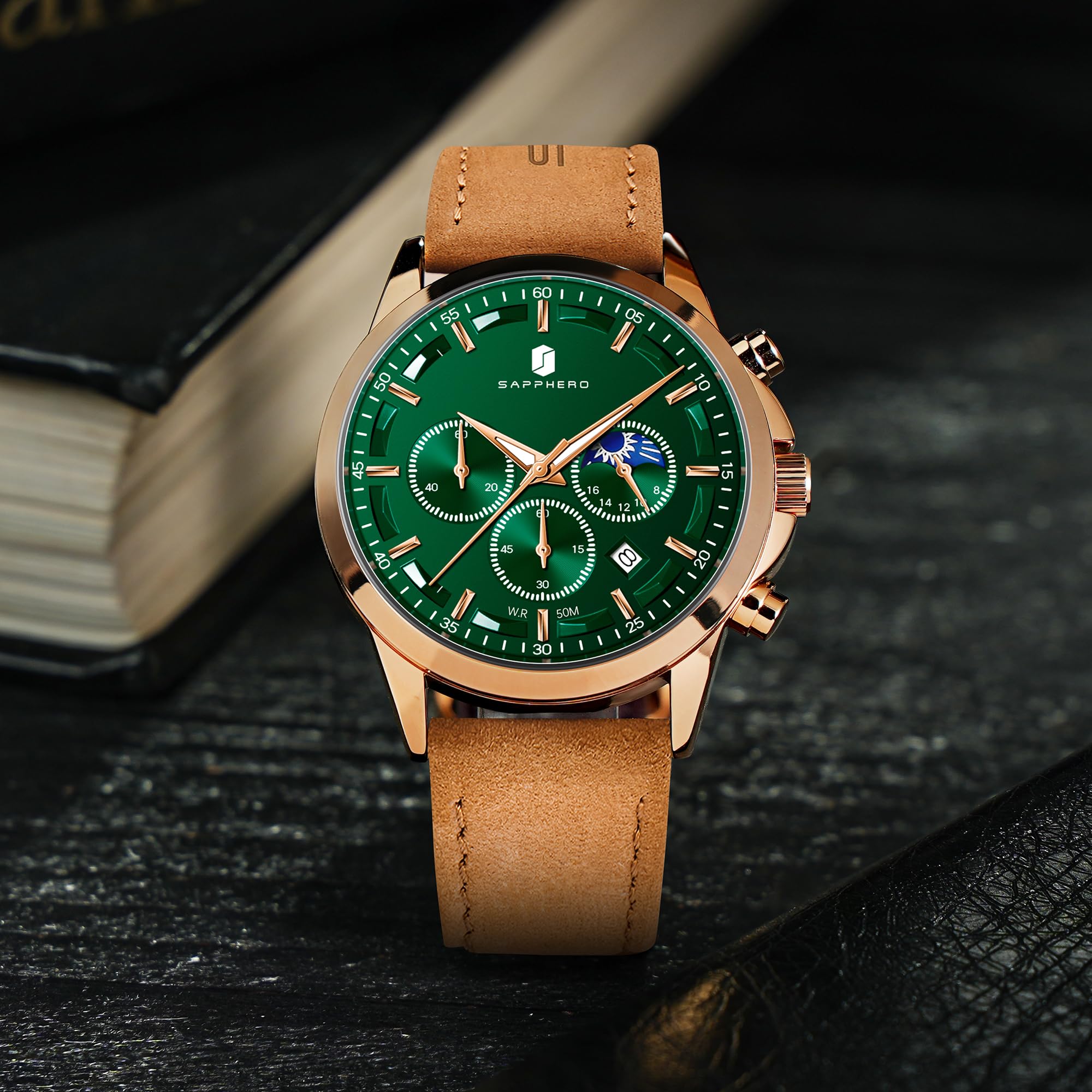 SAPPHERO Chronograph Watches for Men, Original Business Casual Stainless Steel Analog Watch 50M Waterproof Luminous Watches with Date Dial, Mens Gift