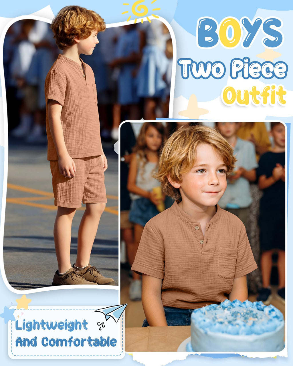 Boys 2 Piece Cotton Outfits 5-14Y Short Sleeve Button Down Shirt Shorts Pockets Summer Clothes Henley Casual Set
