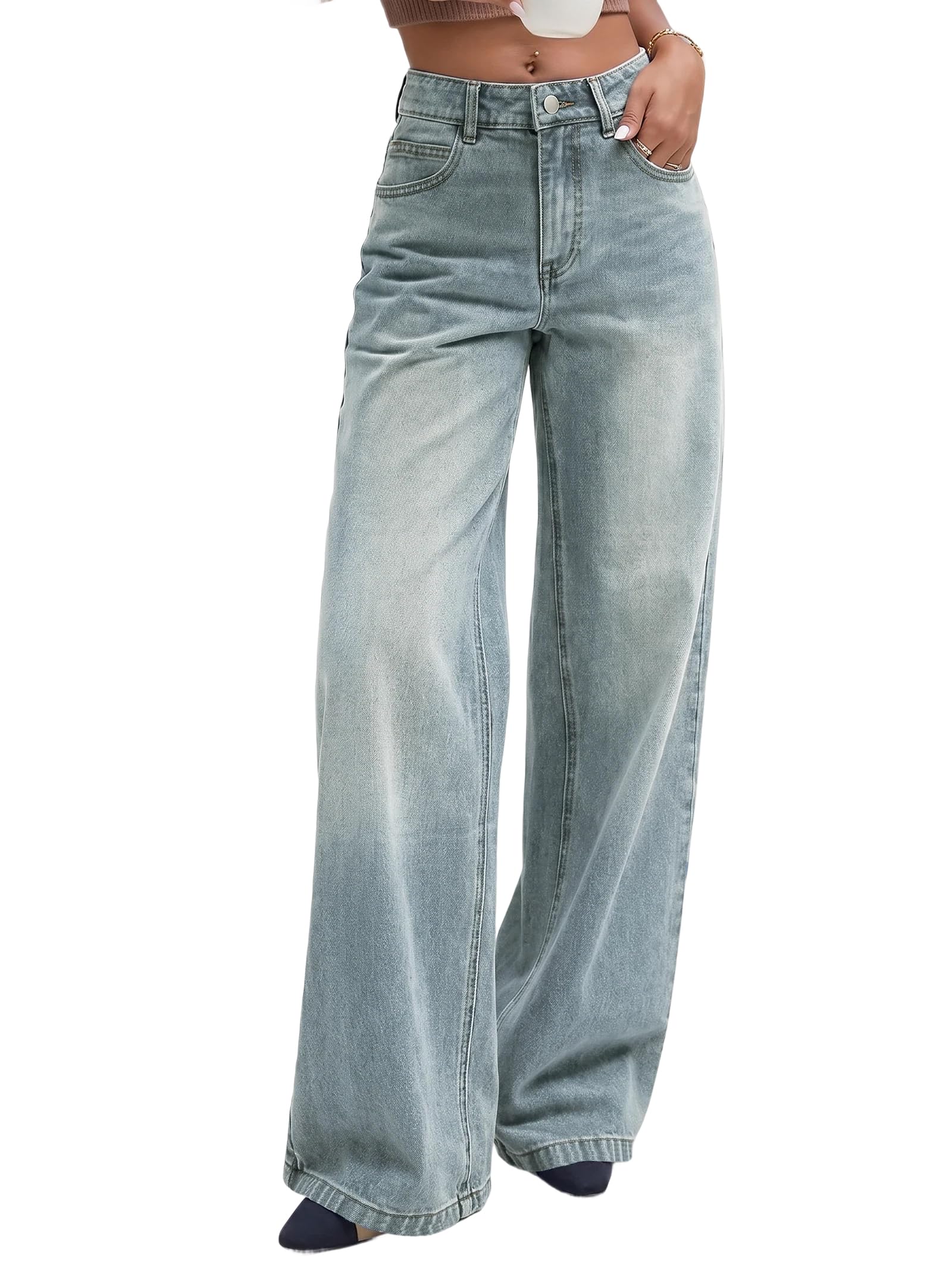 EMMIOL Women Baggy Jeans Mid-Low Waist Boyfriend Streetwear Vintage Jeans Wide Leg Denim Pants