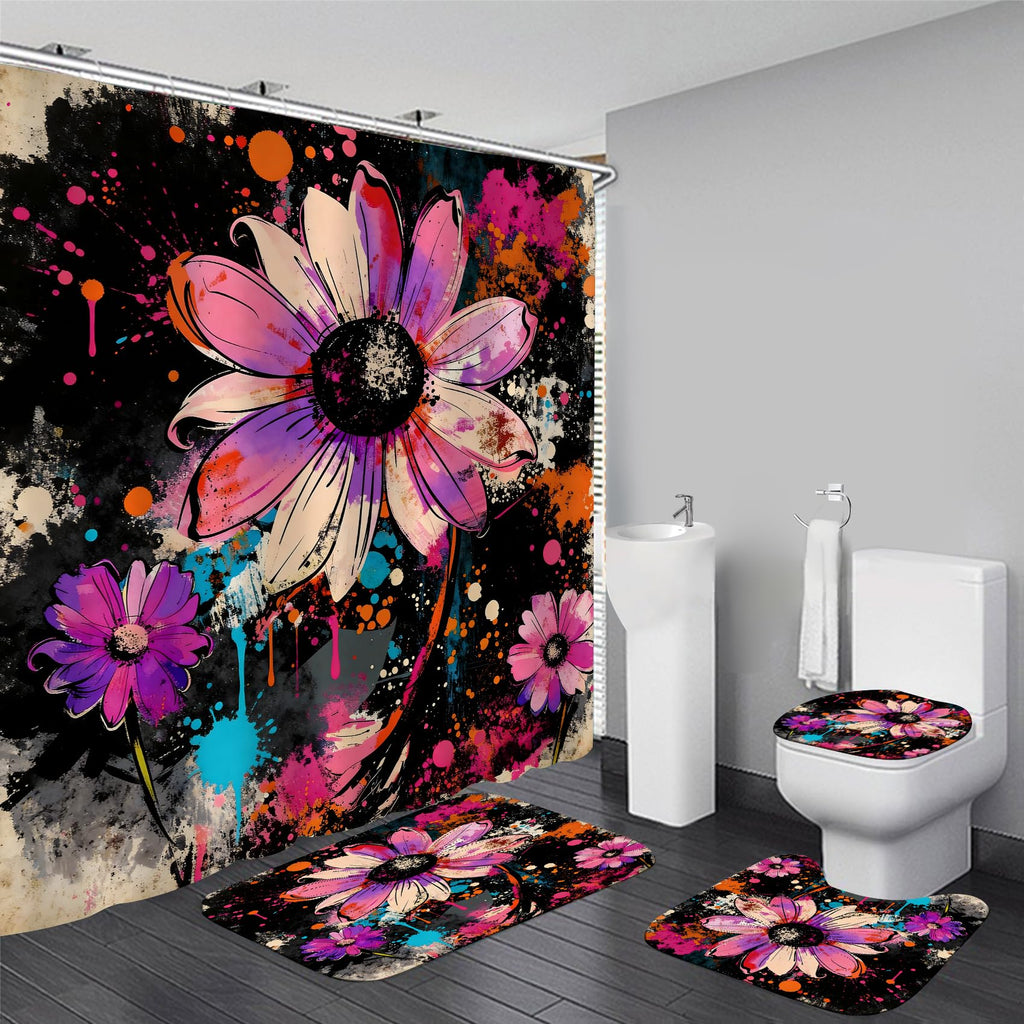 AZHM 4PCS Lotus Shower Curtain Set Black and Gold Flower Bathroom Decor Sets with Shower Curtain and Rugs and Accessories with 12 Hooks for Toilet