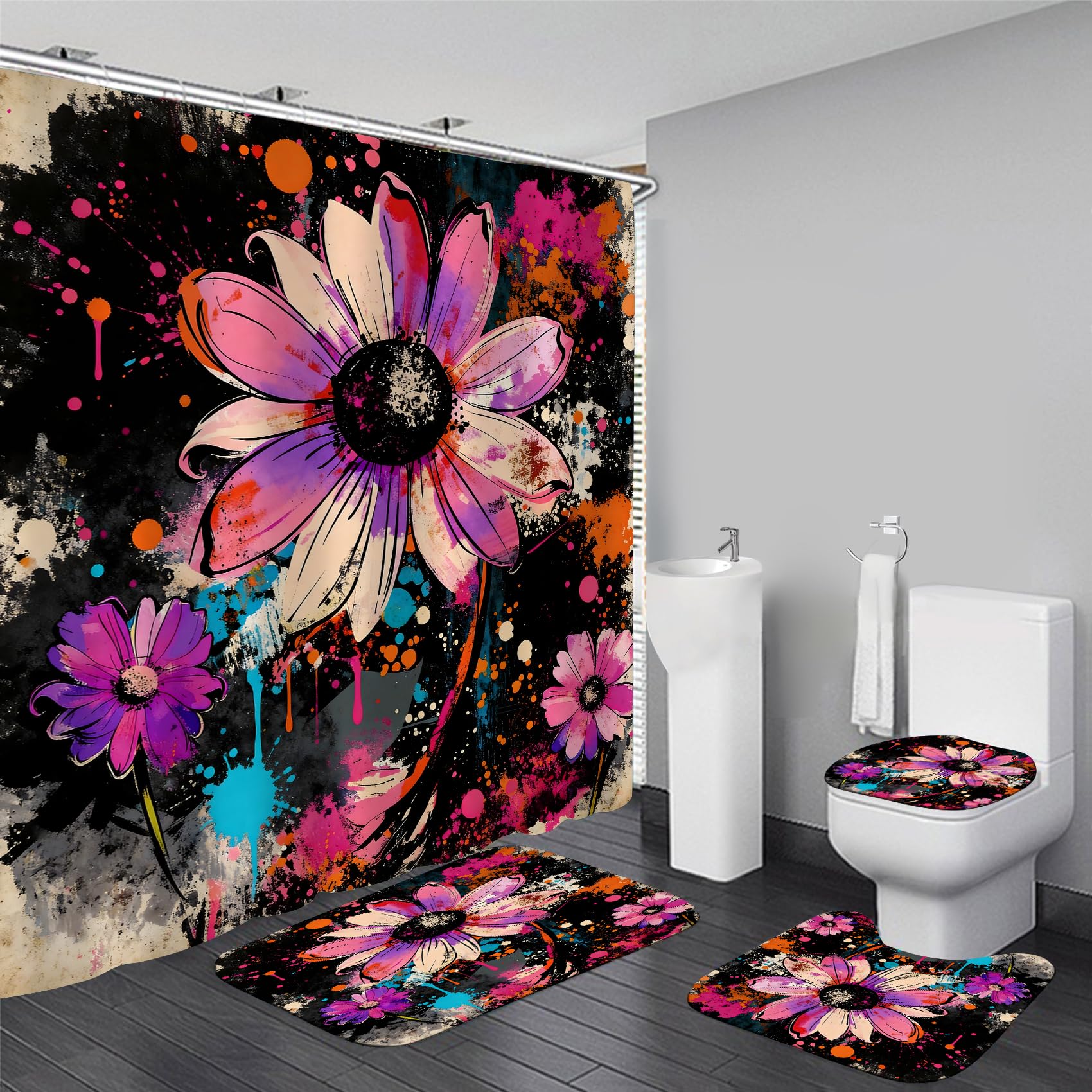 AZHM 4PCS Lotus Shower Curtain Set Black and Gold Flower Bathroom Decor Sets with Shower Curtain and Rugs and Accessories with 12 Hooks for Toilet