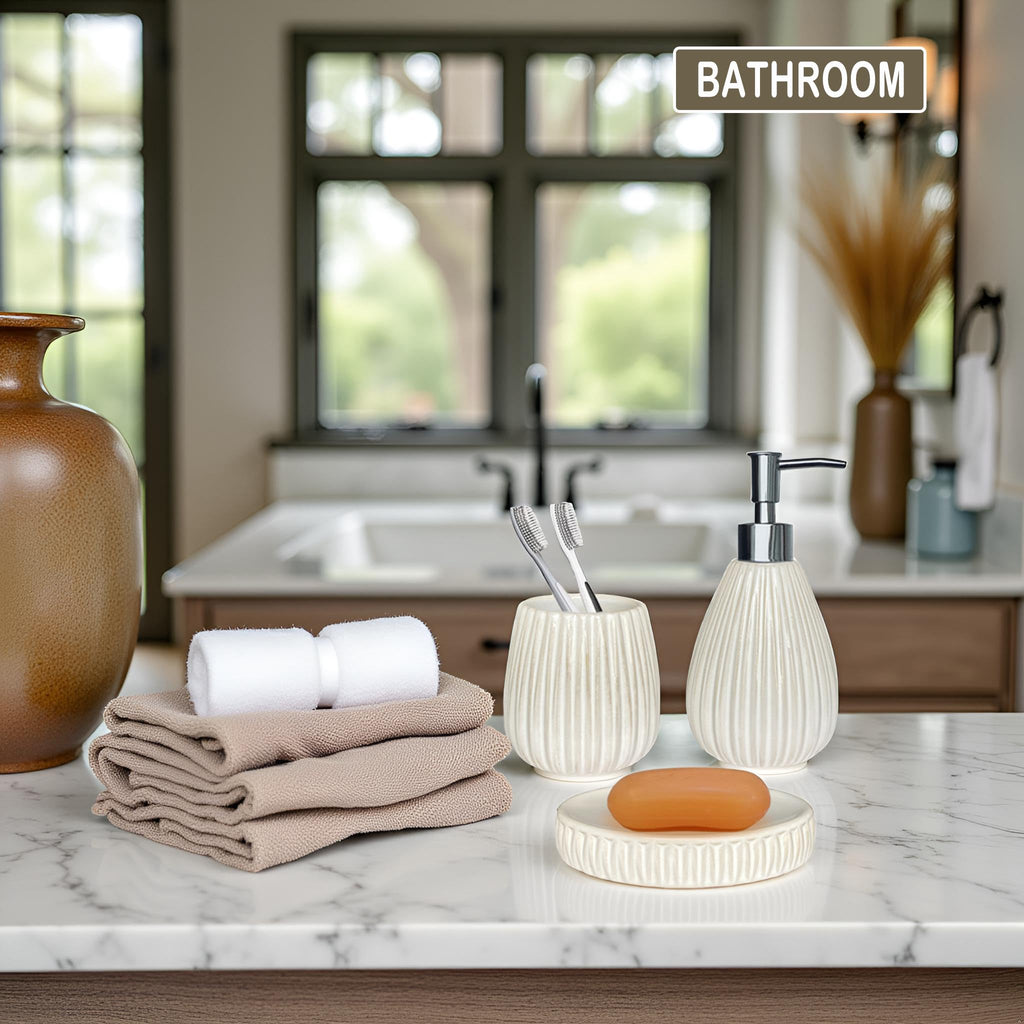 Bathroom Accessories Set 4 Pcs-Ceramic Gift Set Soap Dispenser Pump & Toothbrush Holder & Tumbler Cup & Soap Dish - Bathroom Home Decor Clearance, Countertop Vanity Organize (15 Ounce)
