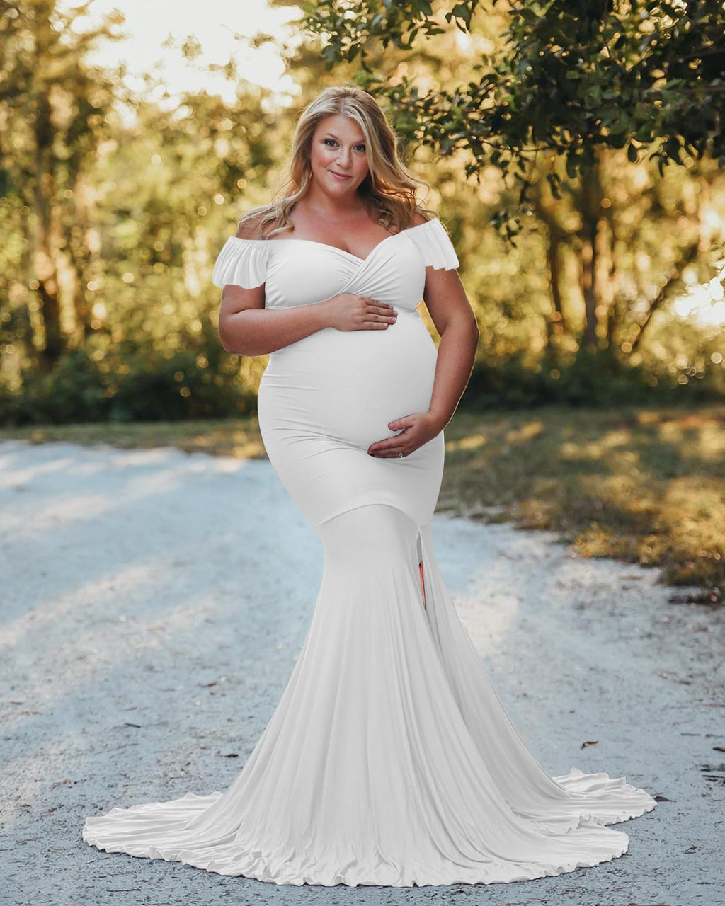 Saslax Off Shoulder Ruffle Sleeves Elegant Fitted Maxi Maternity Dress for Photoshoot Baby Shower