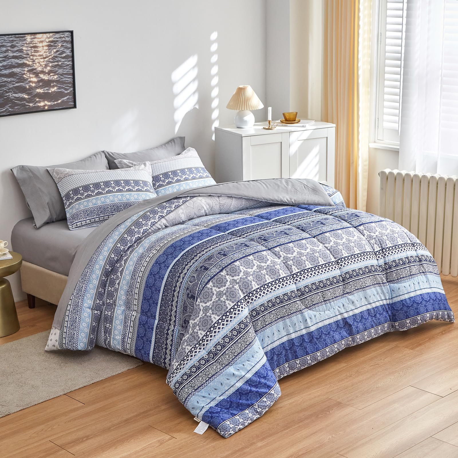 Flysheep Boho Bed in a Bag 7 Pieces King Size, Colorful Bohemian Tribal Pink n Blue Floral Reversible Bed Comforter Set (1 Comforter, 1 Flat Sheet, 1 Fitted Sheet, 2 Pillow Shams, 2 Pillowcases)