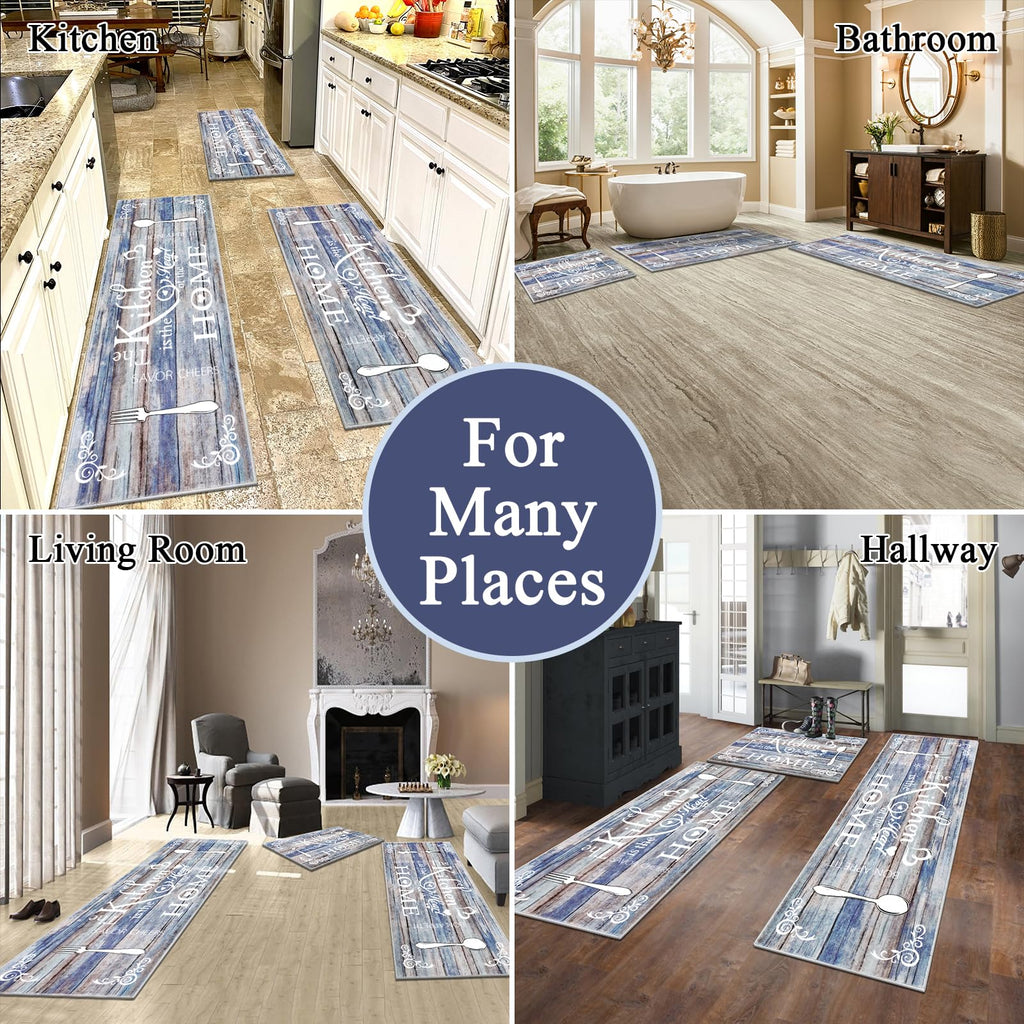 Vaukki Boho Kitchen Rug Sets 3 Pieces, Washable Kitchen Mats for Floor, Non Slip Soft Kitchen Area Rug Floor Mat for Kitchen, Laundry Room and Hallway (Grey and Beige, 20''x32''+20''x47''+20''x59'')