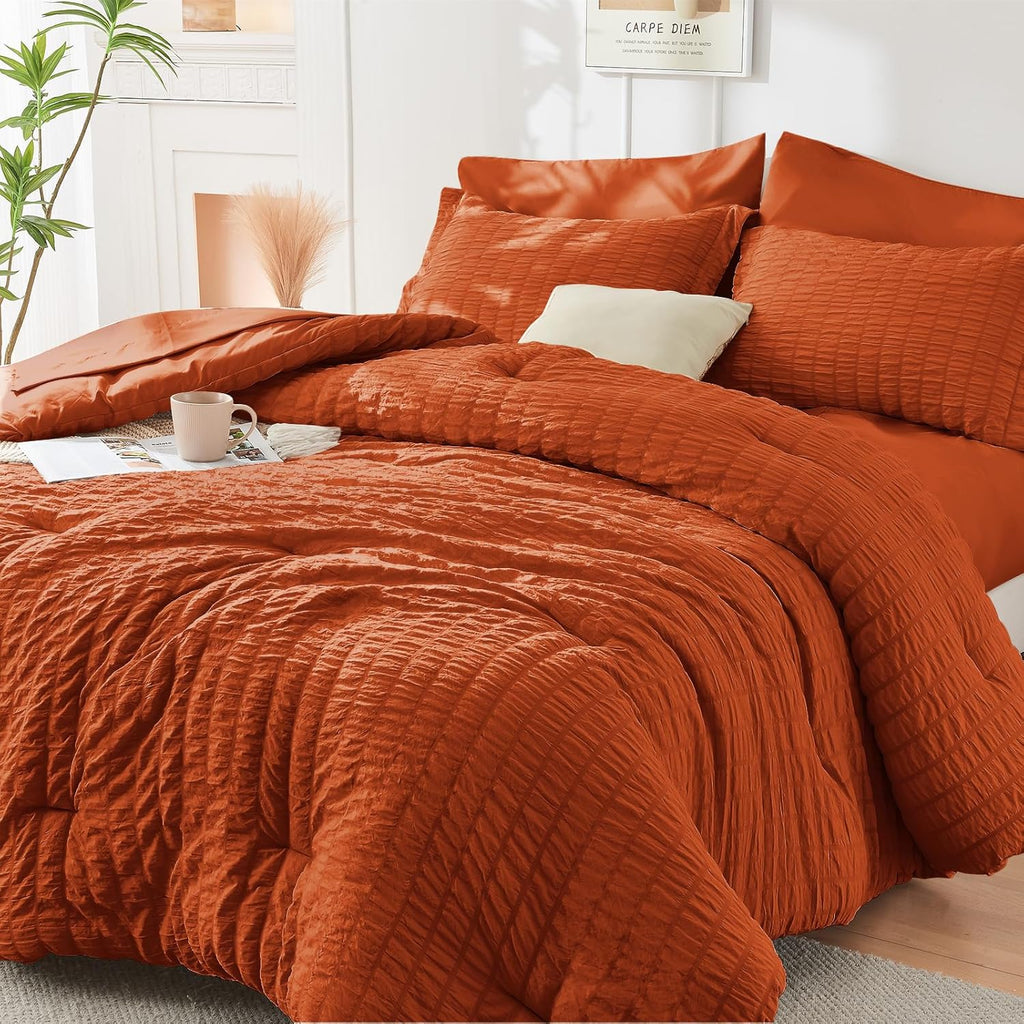 HYMOKEGE 7 Piece King Size Comforter Set Seersucker, All Season Luxury Bed in a Bag for Bedroom, Bedding Set with Comforters, Sheets, Pillowcases & Shams, Dark Grey