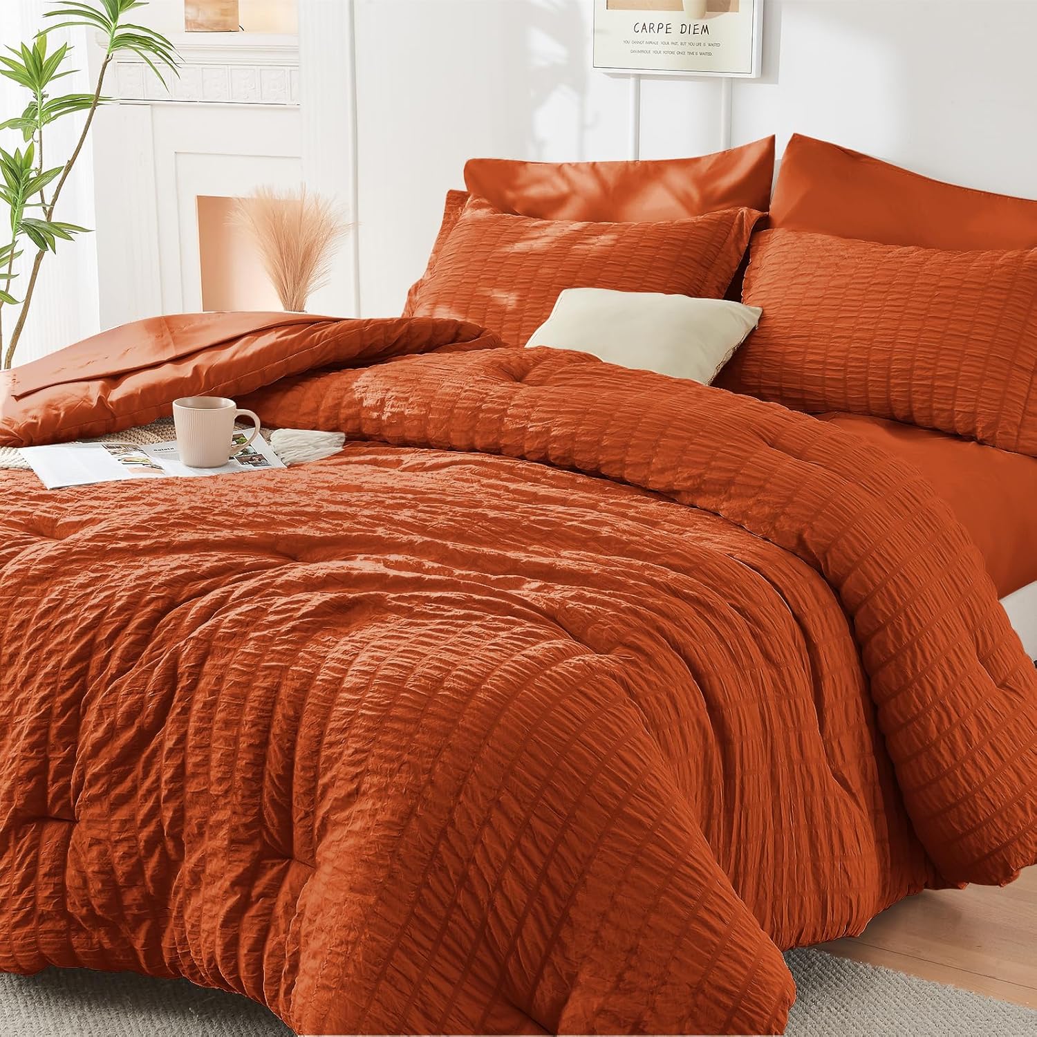 HYMOKEGE 7 Piece King Size Comforter Set Seersucker, All Season Luxury Bed in a Bag for Bedroom, Bedding Set with Comforters, Sheets, Pillowcases & Shams, Dark Grey