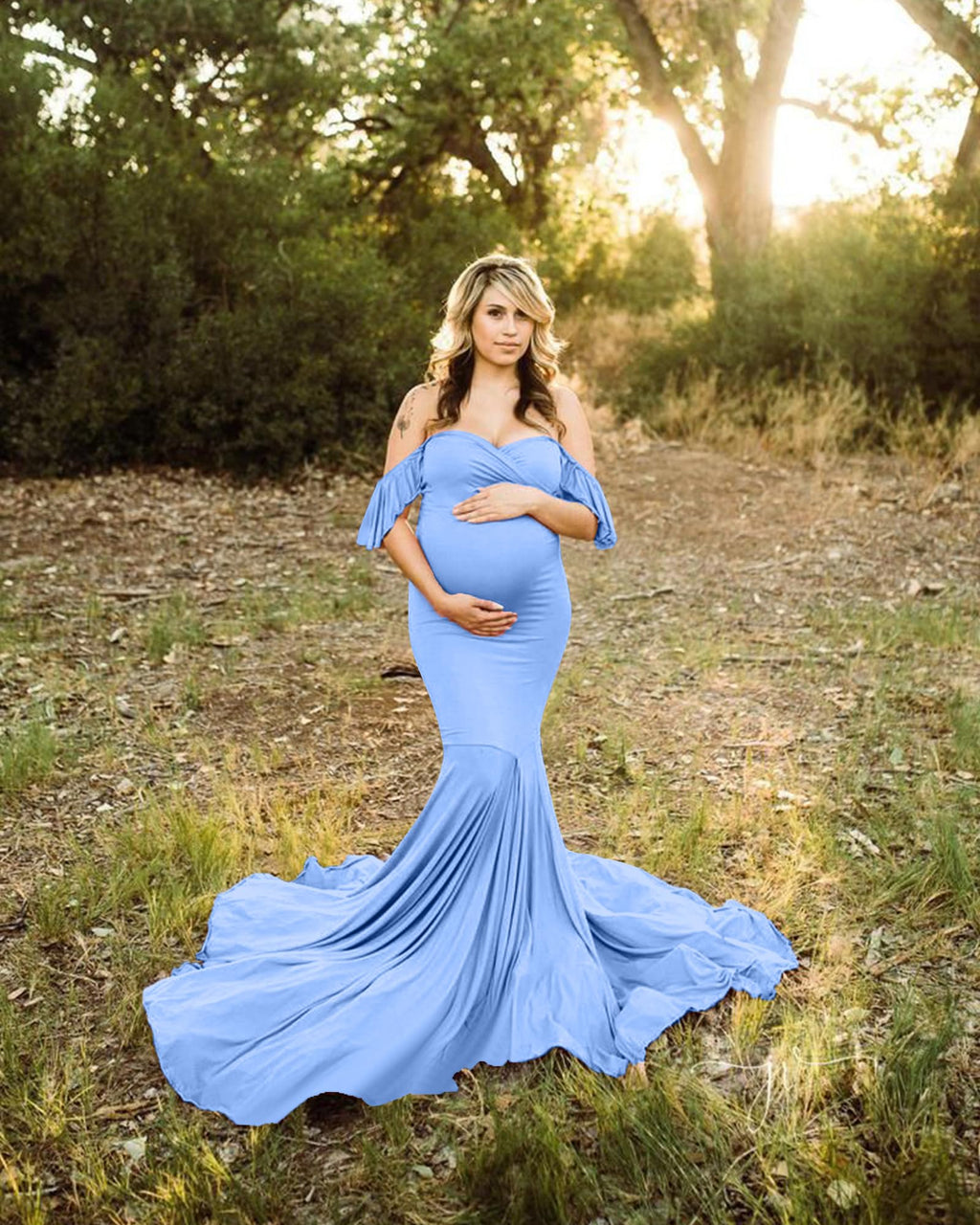 Saslax Off Shoulder Ruffle Sleeves Elegant Fitted Maxi Maternity Dress for Photoshoot Baby Shower