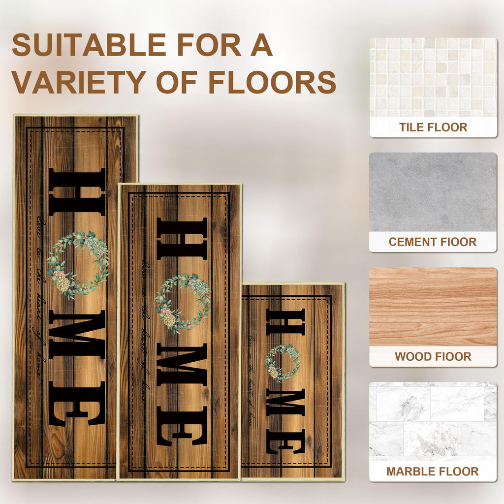 Tritard 100% Non Slip Kitchen Mats for Floor Washable Kitchen Rugs Sets of 3 Farmhouse Kitchen Runner Rug Soft Rustic Kitchen Floor Carpet for Hallway, Laundry, Sink, Office, Brown