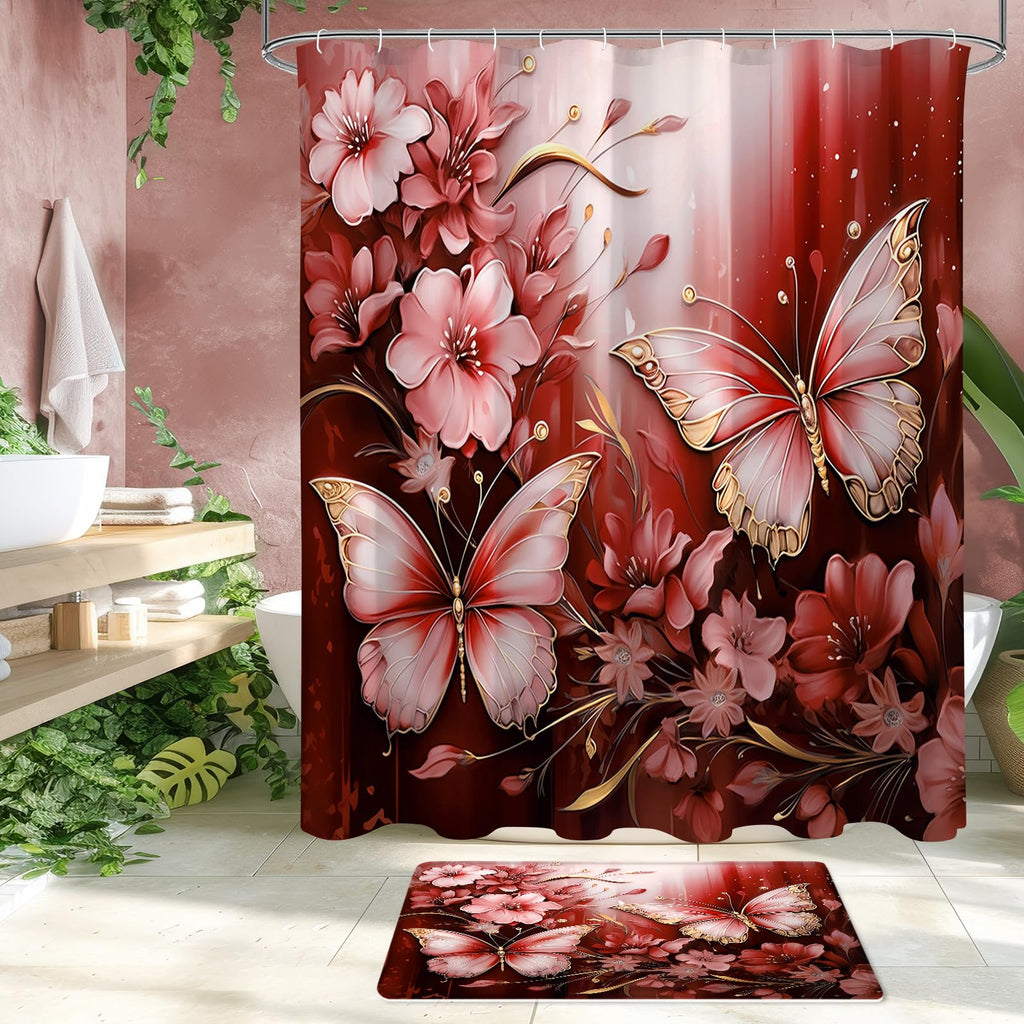 Litabel 4 Pcs Black Floral Butterfly Shower Curtain Set with Non-Slip Rugs, White Gold Modern Toilet Lid Cover and Bath Mat, Elegant Bathroom Decor Set (Hooks Not Included)