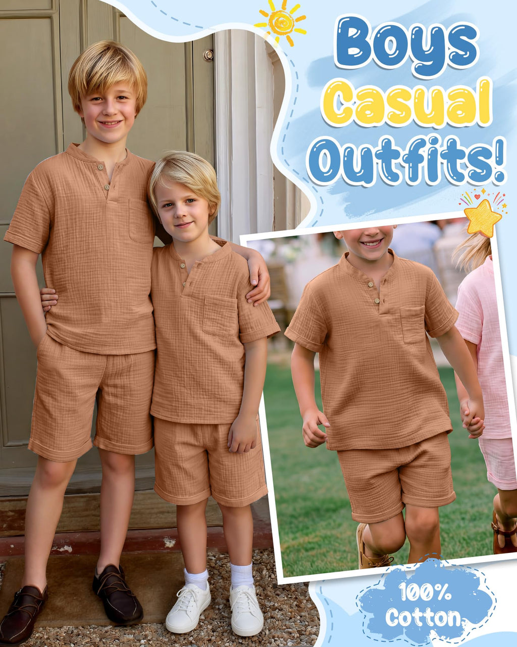 Boys 2 Piece Cotton Outfits 5-14Y Short Sleeve Button Down Shirt Shorts Pockets Summer Clothes Henley Casual Set