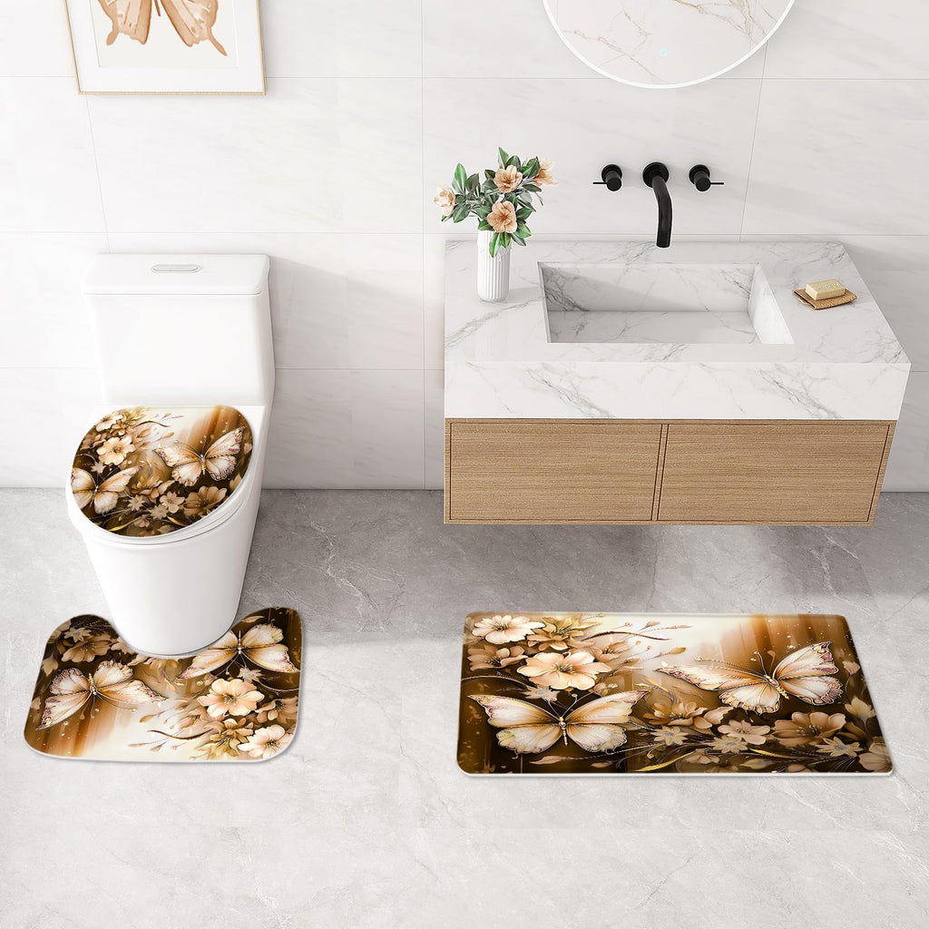 Litabel 4 Pcs Black Floral Butterfly Shower Curtain Set with Non-Slip Rugs, White Gold Modern Toilet Lid Cover and Bath Mat, Elegant Bathroom Decor Set (Hooks Not Included)