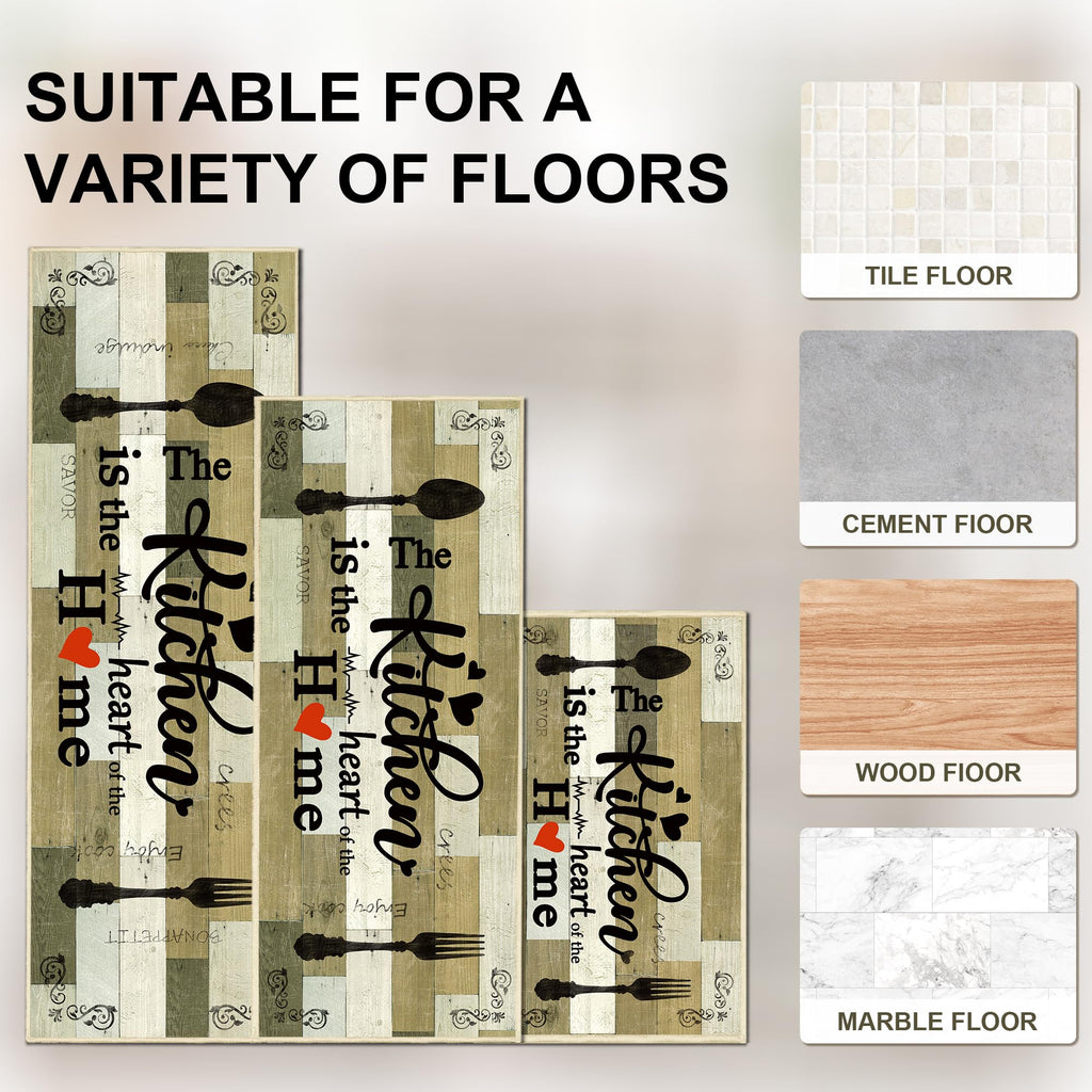 Tritard 100% Non Slip Kitchen Mats for Floor Washable Kitchen Rugs Sets of 3 Farmhouse Kitchen Runner Rug Soft Rustic Kitchen Floor Carpet for Hallway, Laundry, Sink, Office, Brown