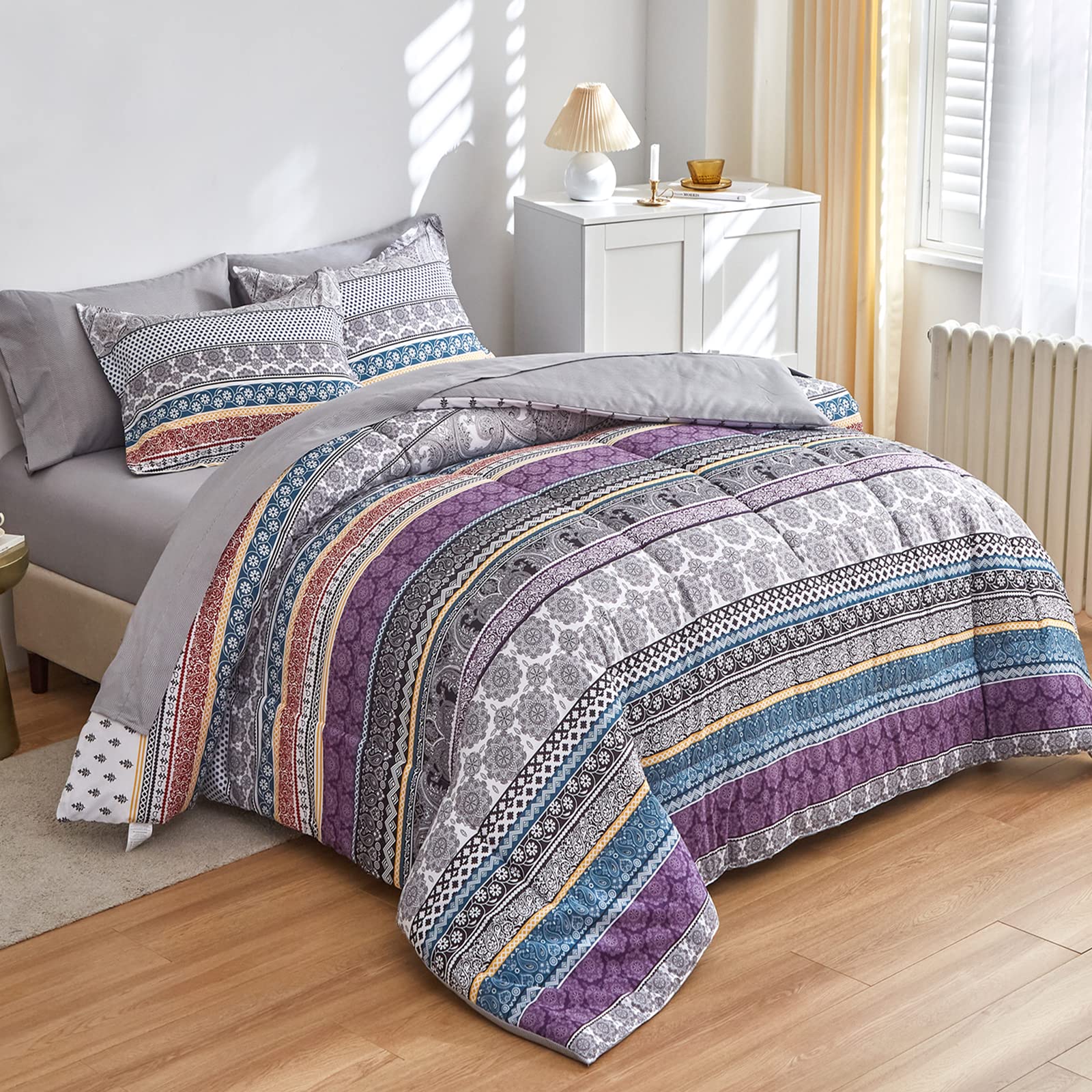 Flysheep Boho Bed in a Bag 7 Pieces King Size, Colorful Bohemian Tribal Pink n Blue Floral Reversible Bed Comforter Set (1 Comforter, 1 Flat Sheet, 1 Fitted Sheet, 2 Pillow Shams, 2 Pillowcases)