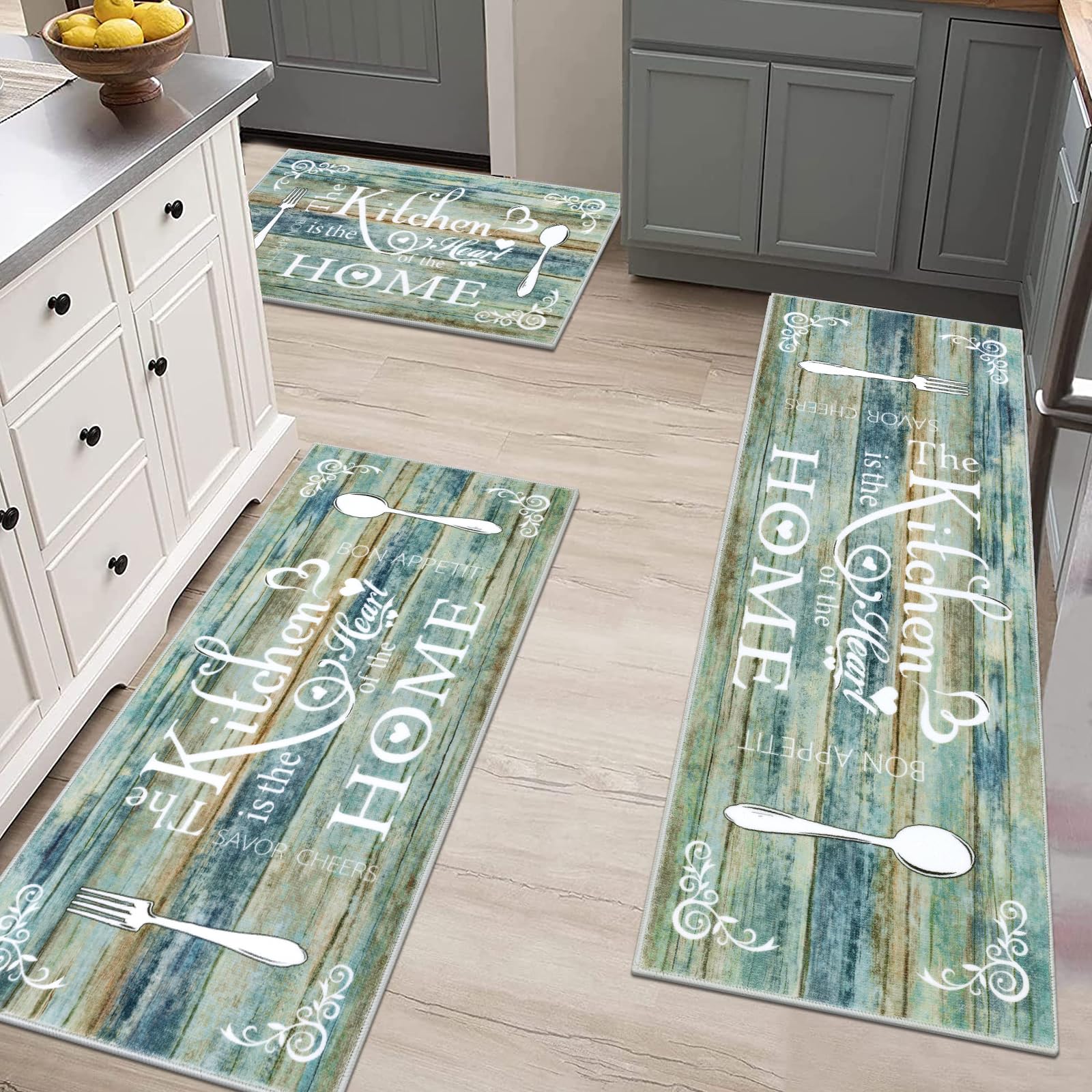 Vaukki Boho Kitchen Rug Sets 3 Pieces, Washable Kitchen Mats for Floor, Non Slip Soft Kitchen Area Rug Floor Mat for Kitchen, Laundry Room and Hallway (Grey and Beige, 20''x32''+20''x47''+20''x59'')