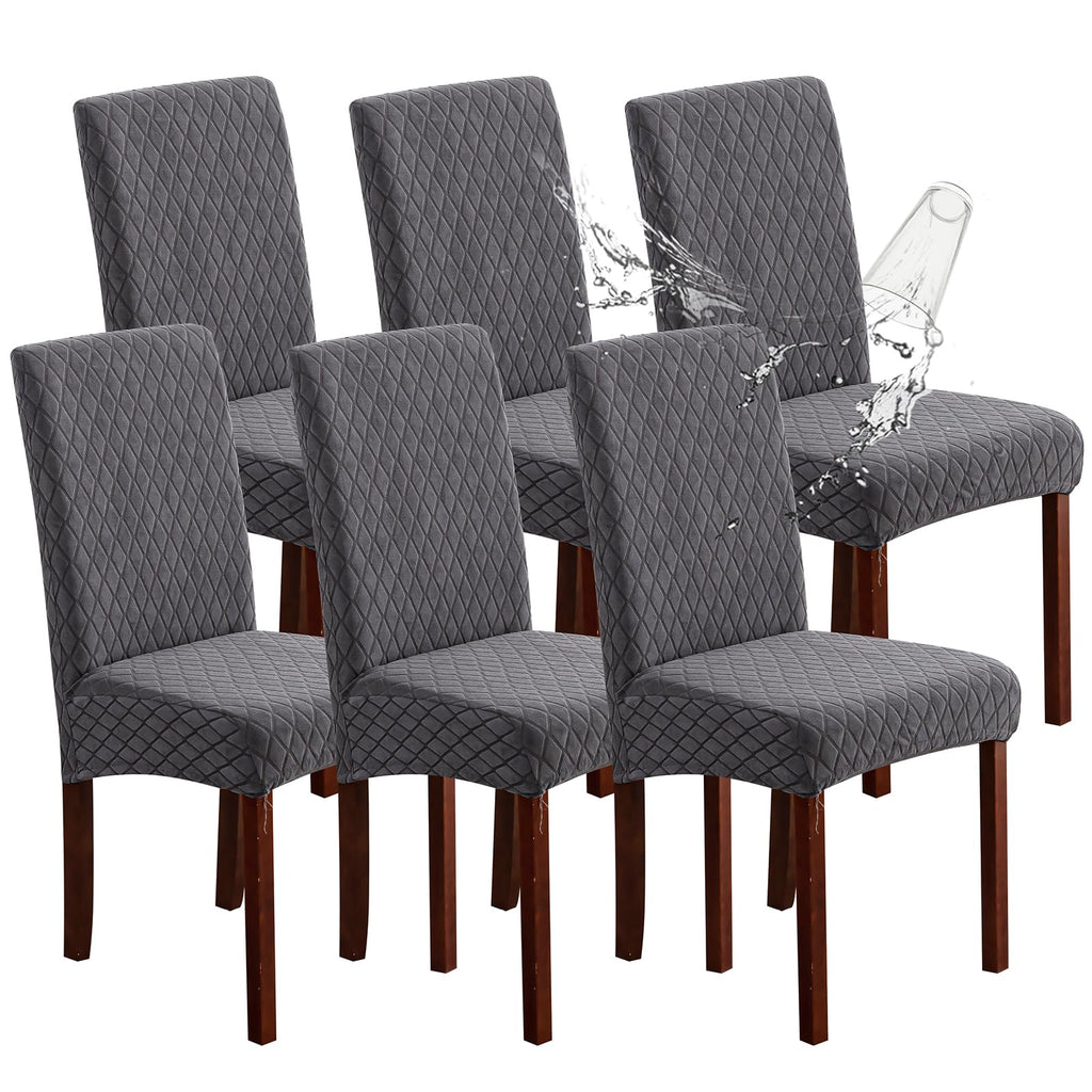 Genina Waterproof Chair Covers for Dining Room 6 Pack, Stretch Jacquard Dining Chair Cover Removable Washable Chair Protectors Cover for Kitchen, Home (Leaves-Warm Gray, 6 PCS)