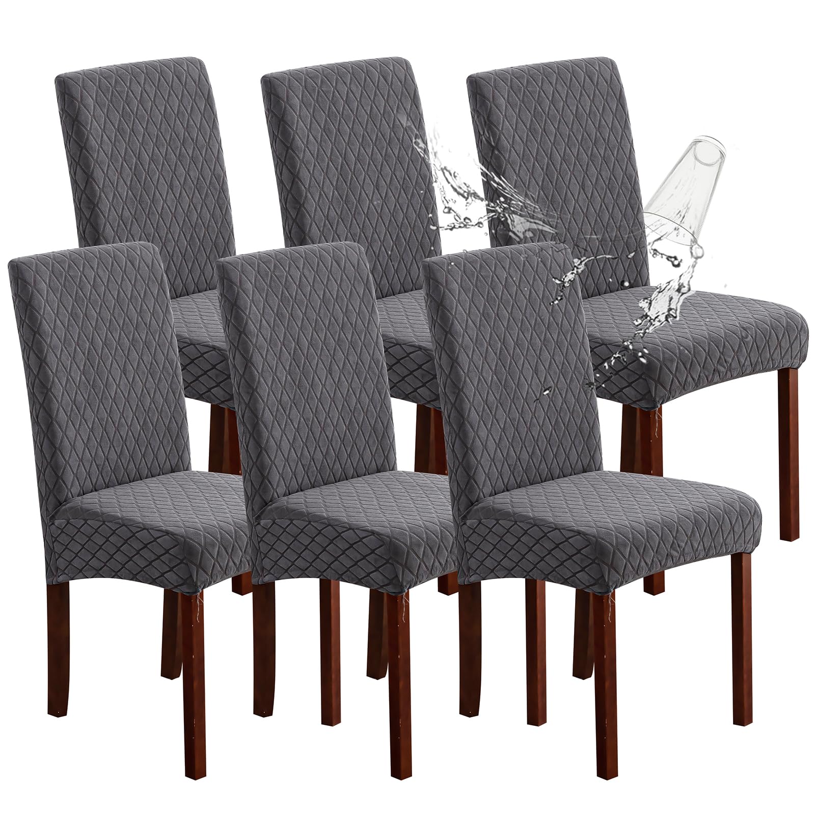 Genina Waterproof Chair Covers for Dining Room 6 Pack, Stretch Jacquard Dining Chair Cover Removable Washable Chair Protectors Cover for Kitchen, Home (Leaves-Warm Gray, 6 PCS)